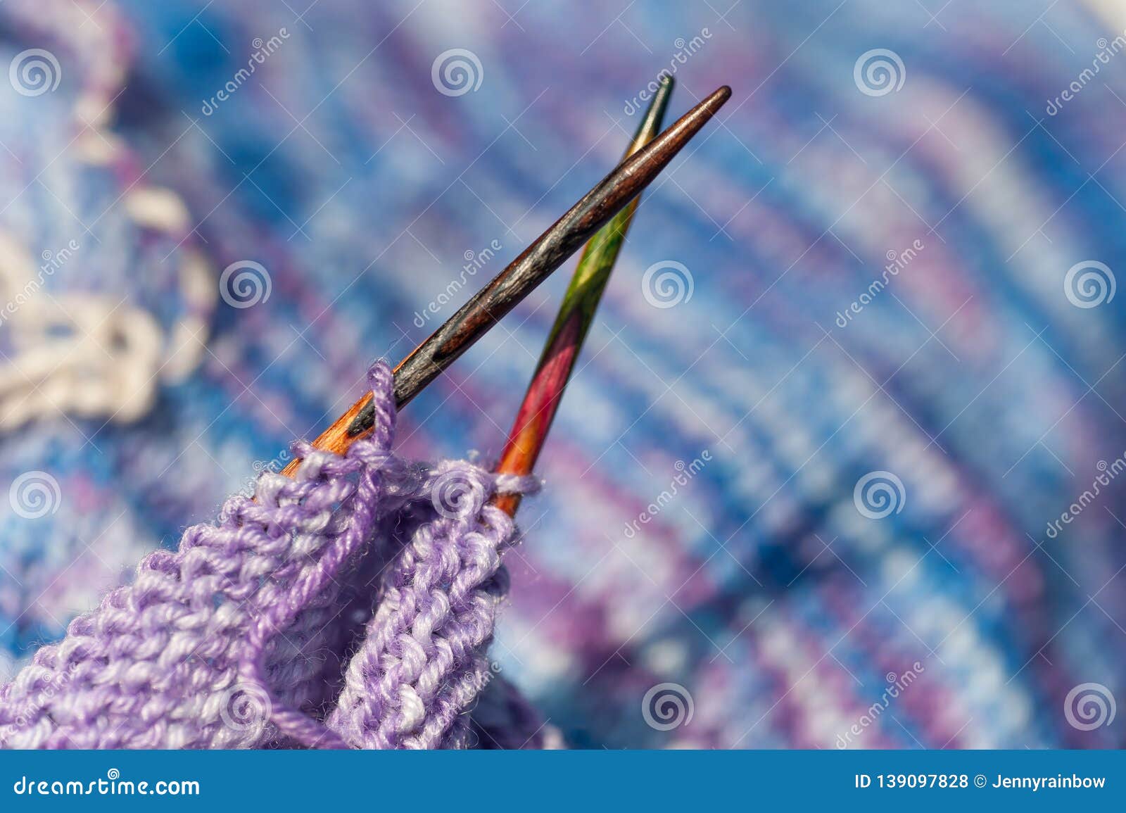Macro of Knitting Needles with Pale Purple Yarn in Process of Knitting ...