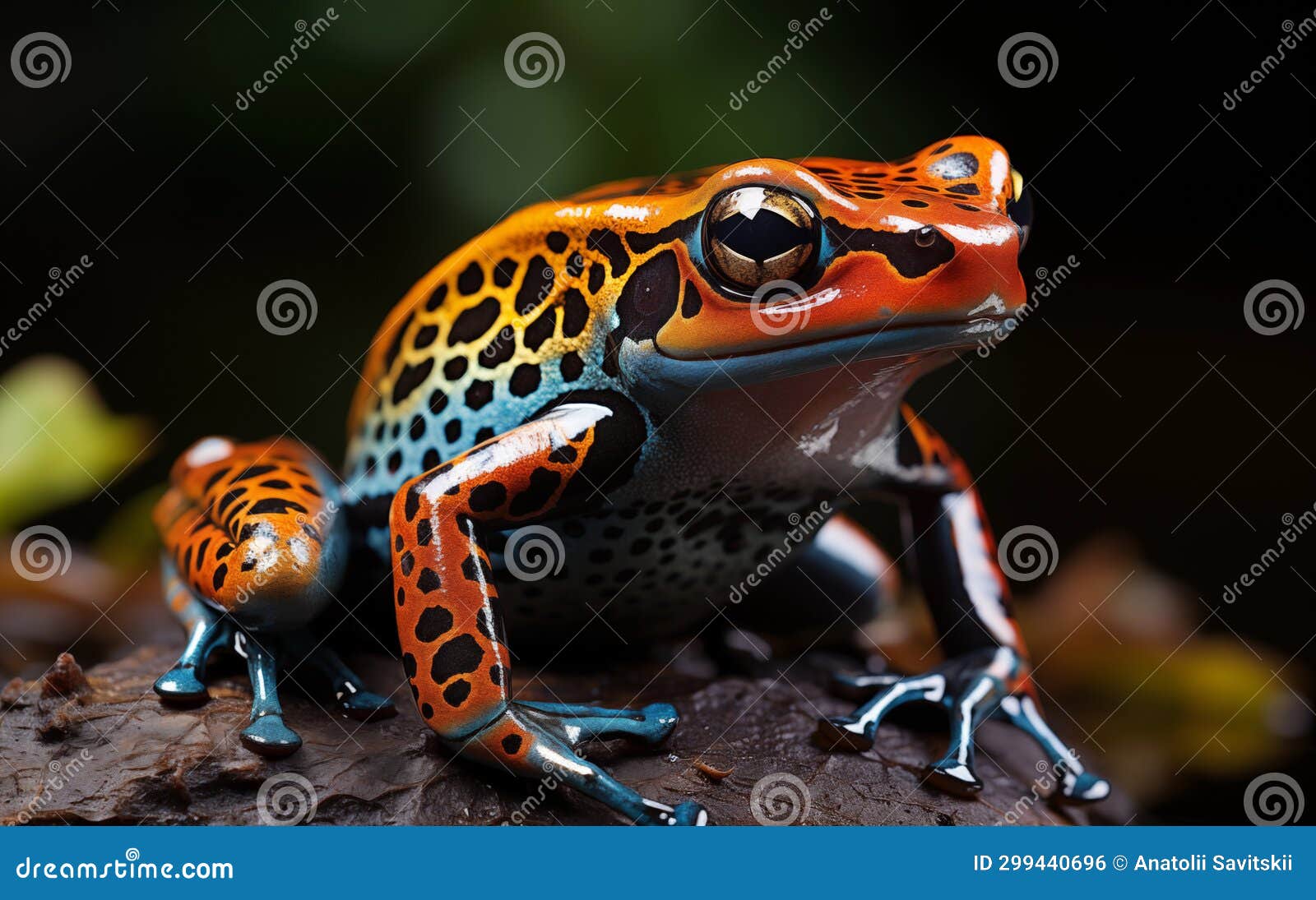 Macro Lens Portrait of a Vibrant Cobalt Blue, Orange Poison Dart Frog