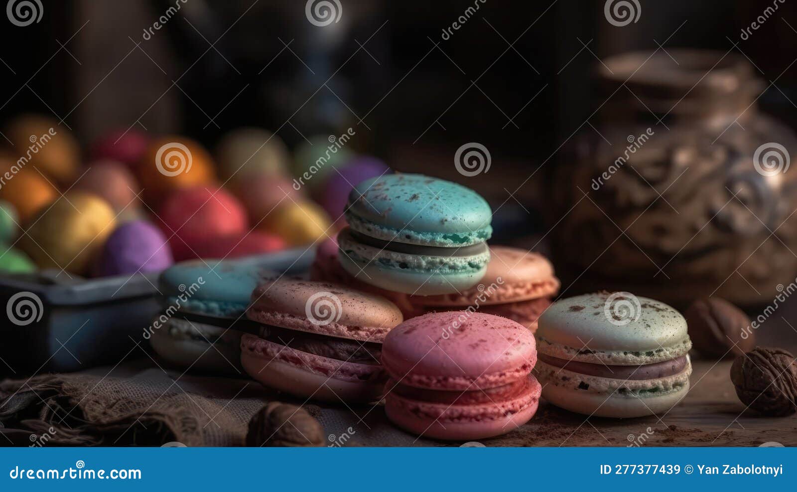macro photo macarons on stone rustic pub. generative ai