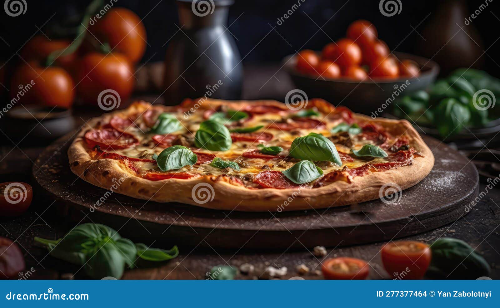 Macro Photo Margherita Pizza on Stone Rustic Pub. Generative AI Stock