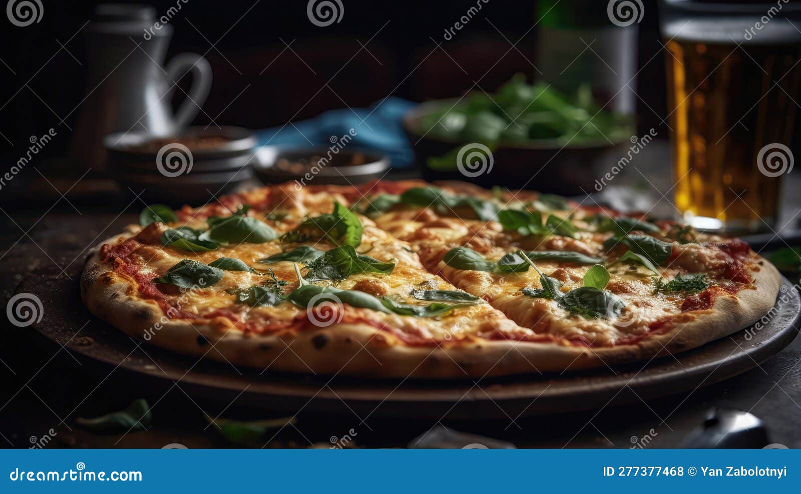 Macro Photo Margherita Pizza on Stone Rustic Pub. Generative AI Stock
