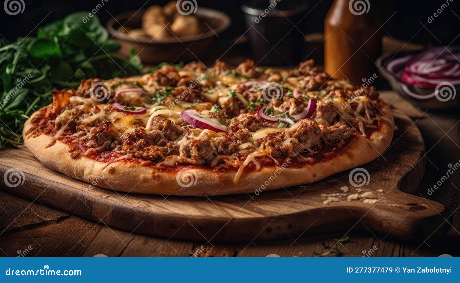 macro photo meat lovers pizza on stone rustic pub. generative ai