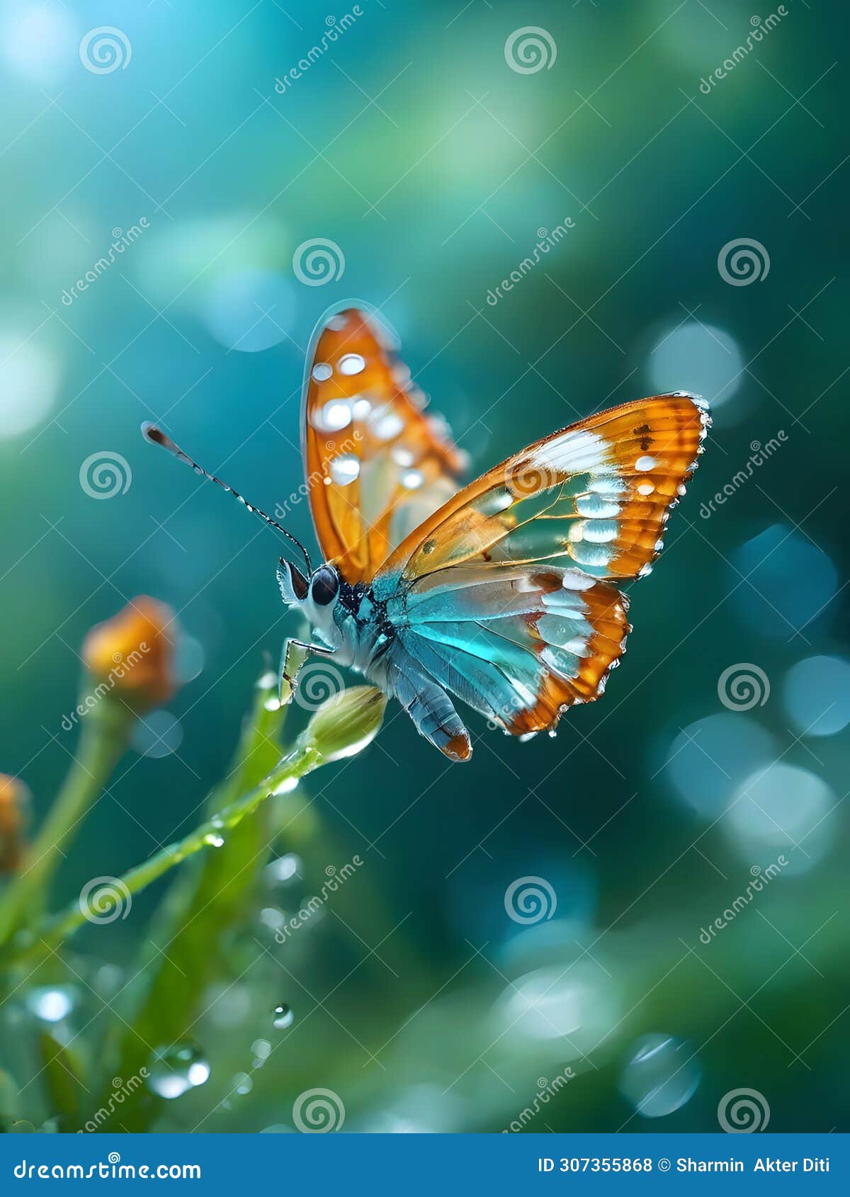 macro photography, miki asai style: translucent baby butterfly, translucent, turquoise color.