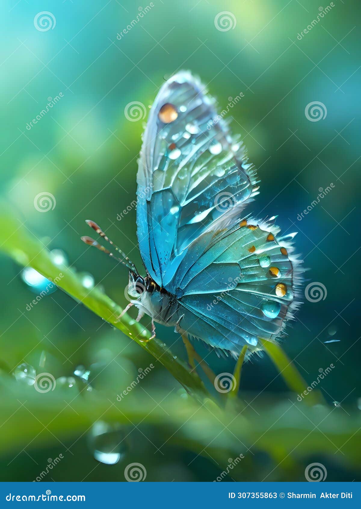 macro photography, miki asai style: translucent baby butterfly, translucent, turquoise color.