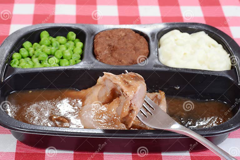 Macro Roast Beef Tv Dinner on Fork Stock Photo Image of checkered