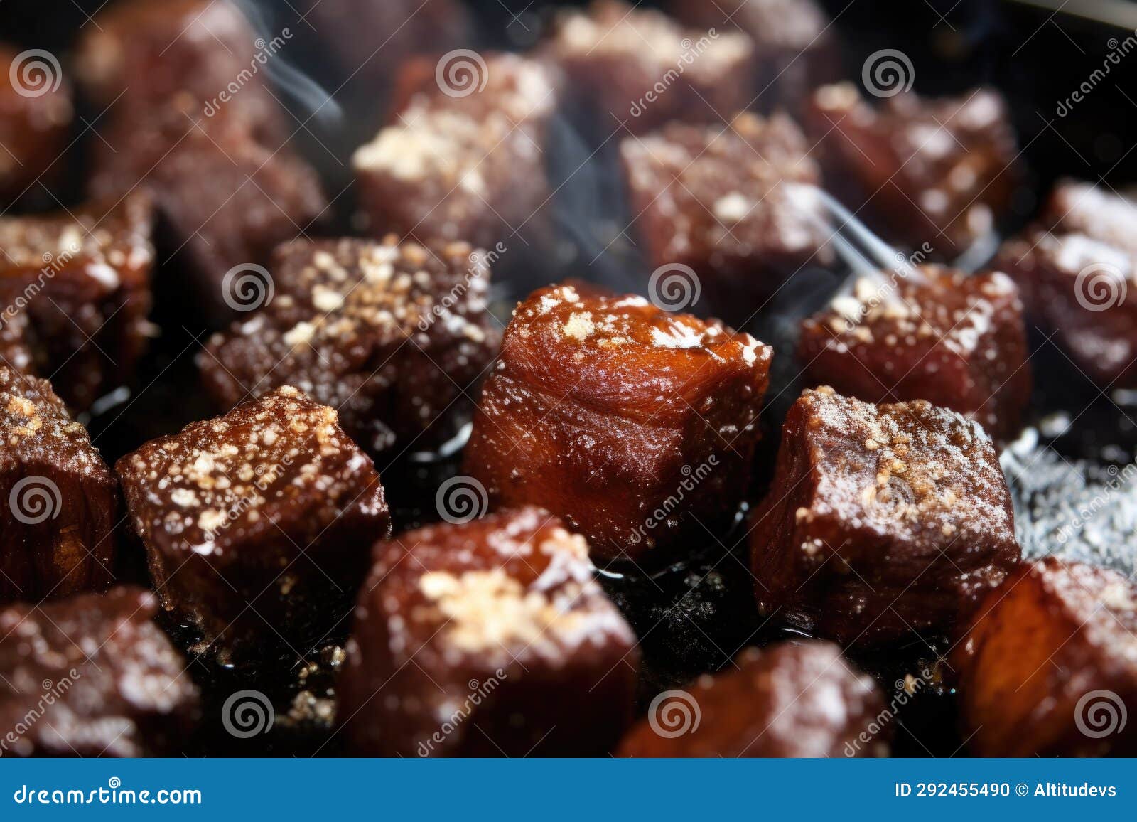 Macro Shot of Bbq Burnt Ends Sprinkled with Coarse Salt Stock Photo