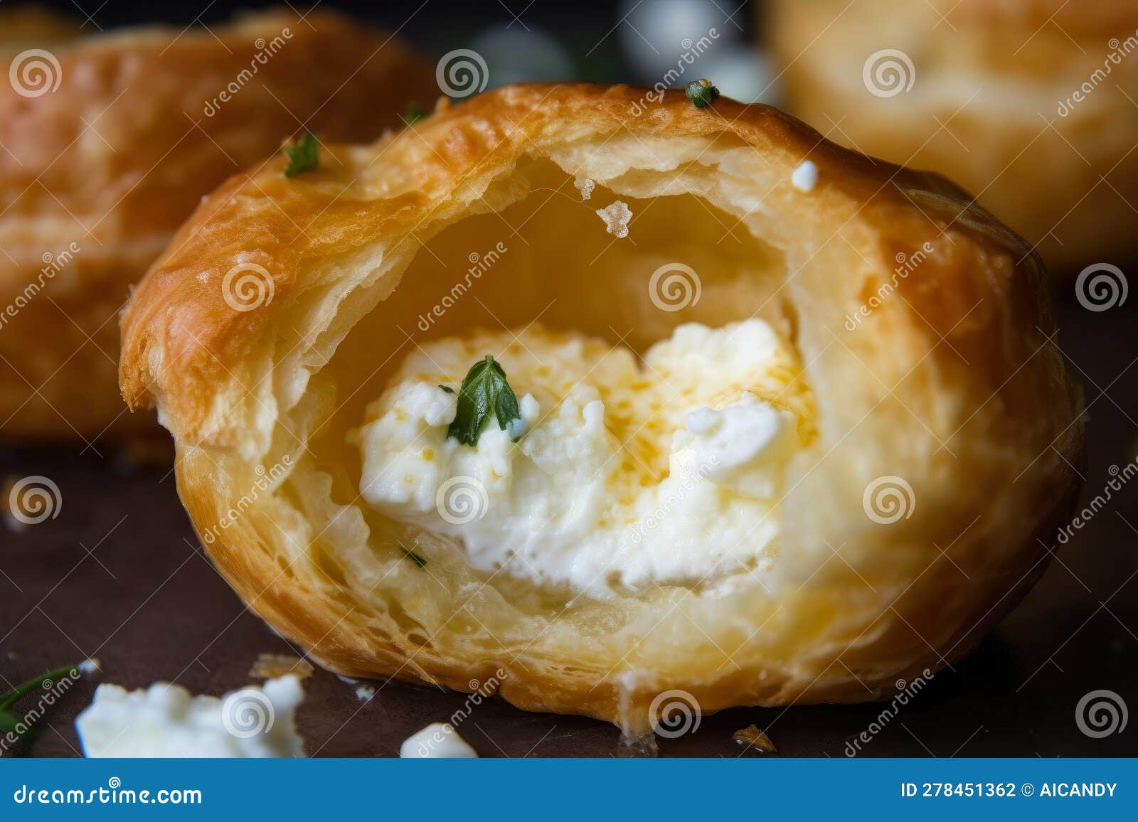 macro shot of bourekas filled with creamy mashed potatoes and tangy goat cheese, with a flaky