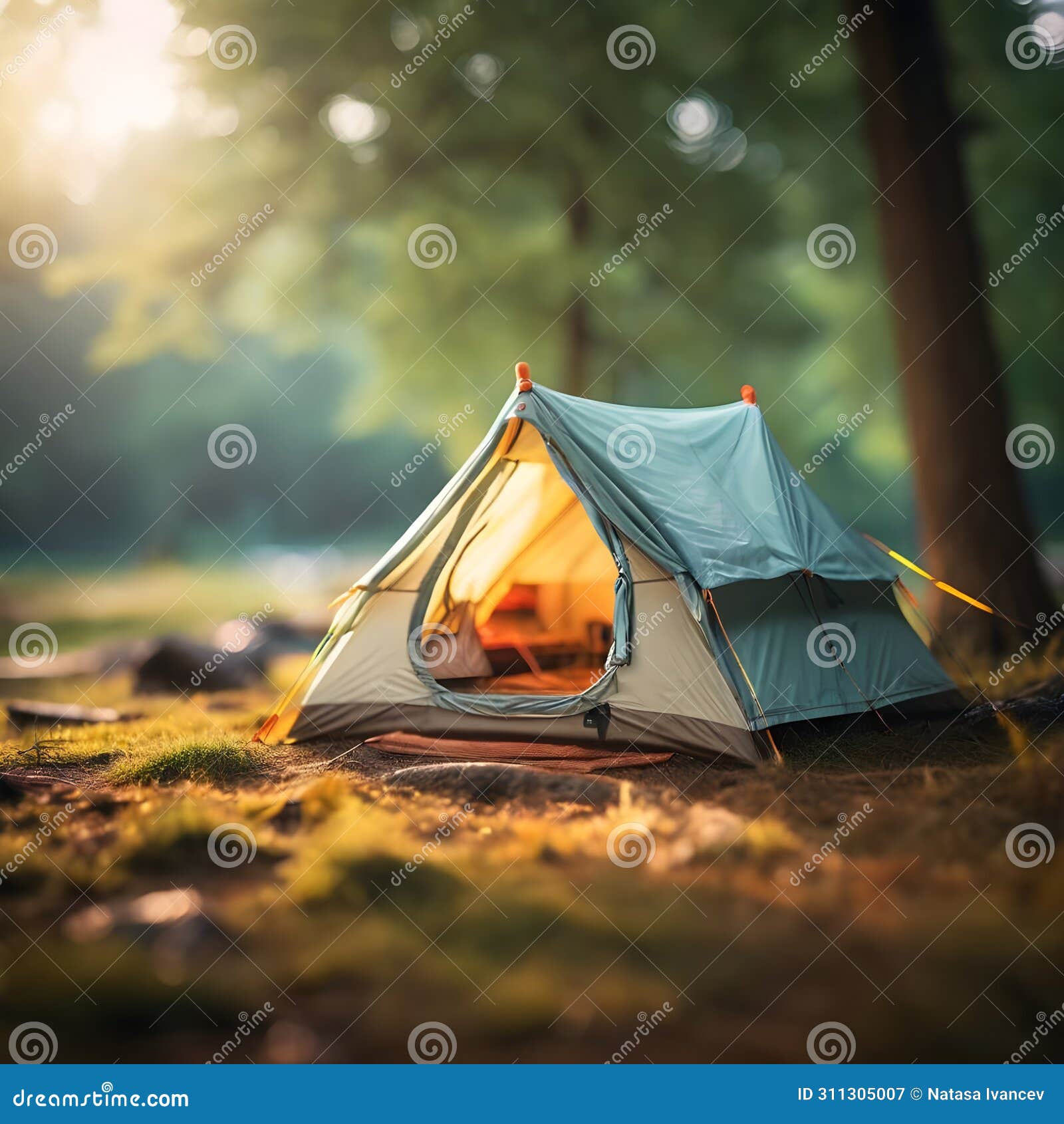 macro shot, close up - tiny retro camping tent in nature in fresh morning atmosphere.