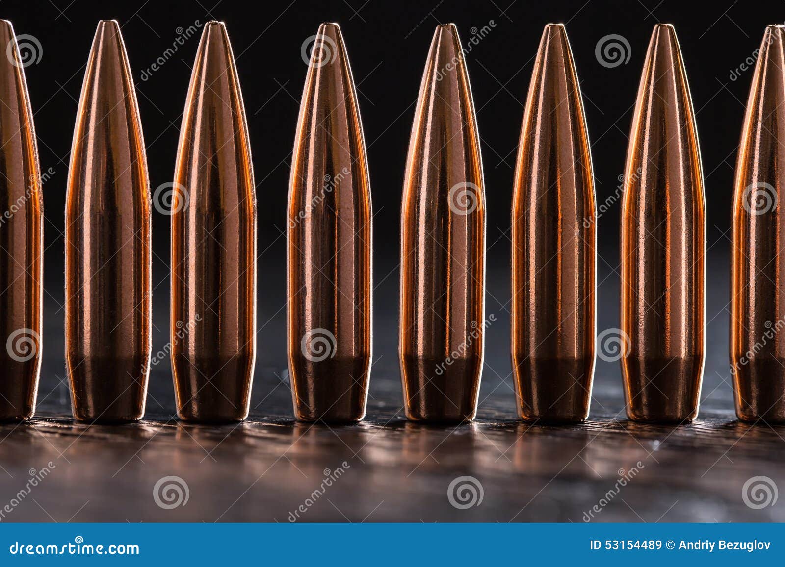 Macro Shot of Copper Bullets that are in One Row Stock Image Image of