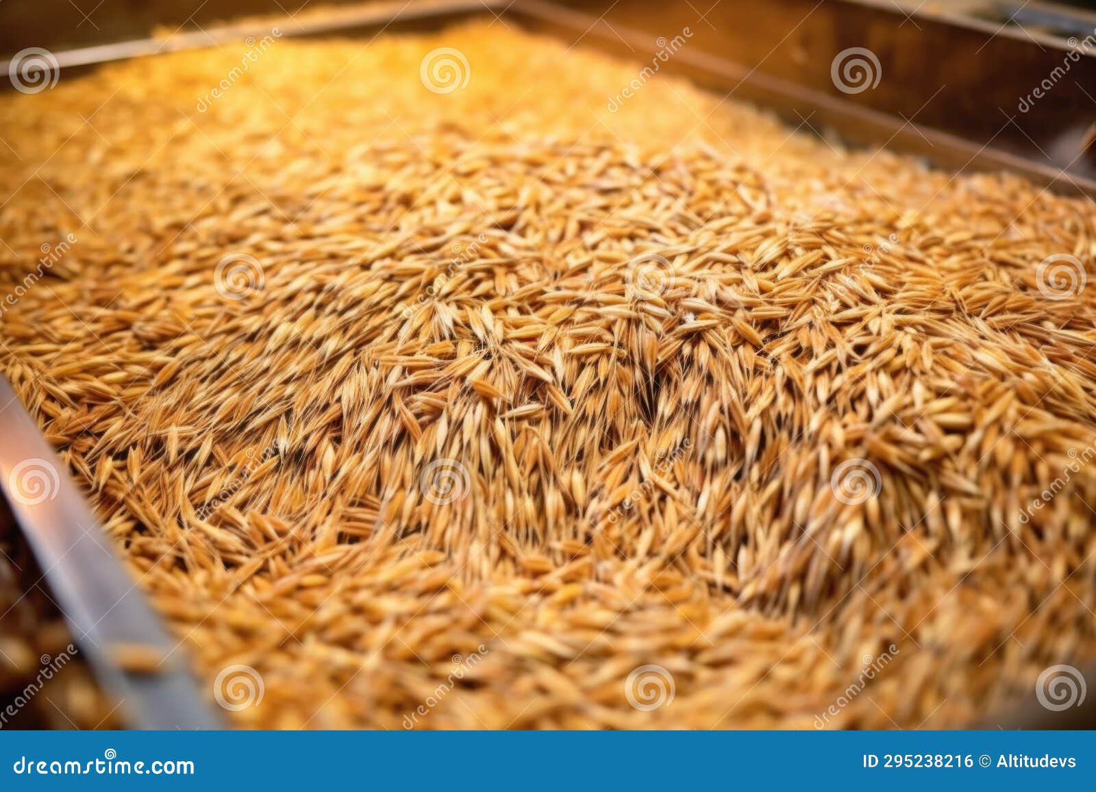 Macro Shot of Malt Barley in Bins, Ready for Distillation Stock Photo