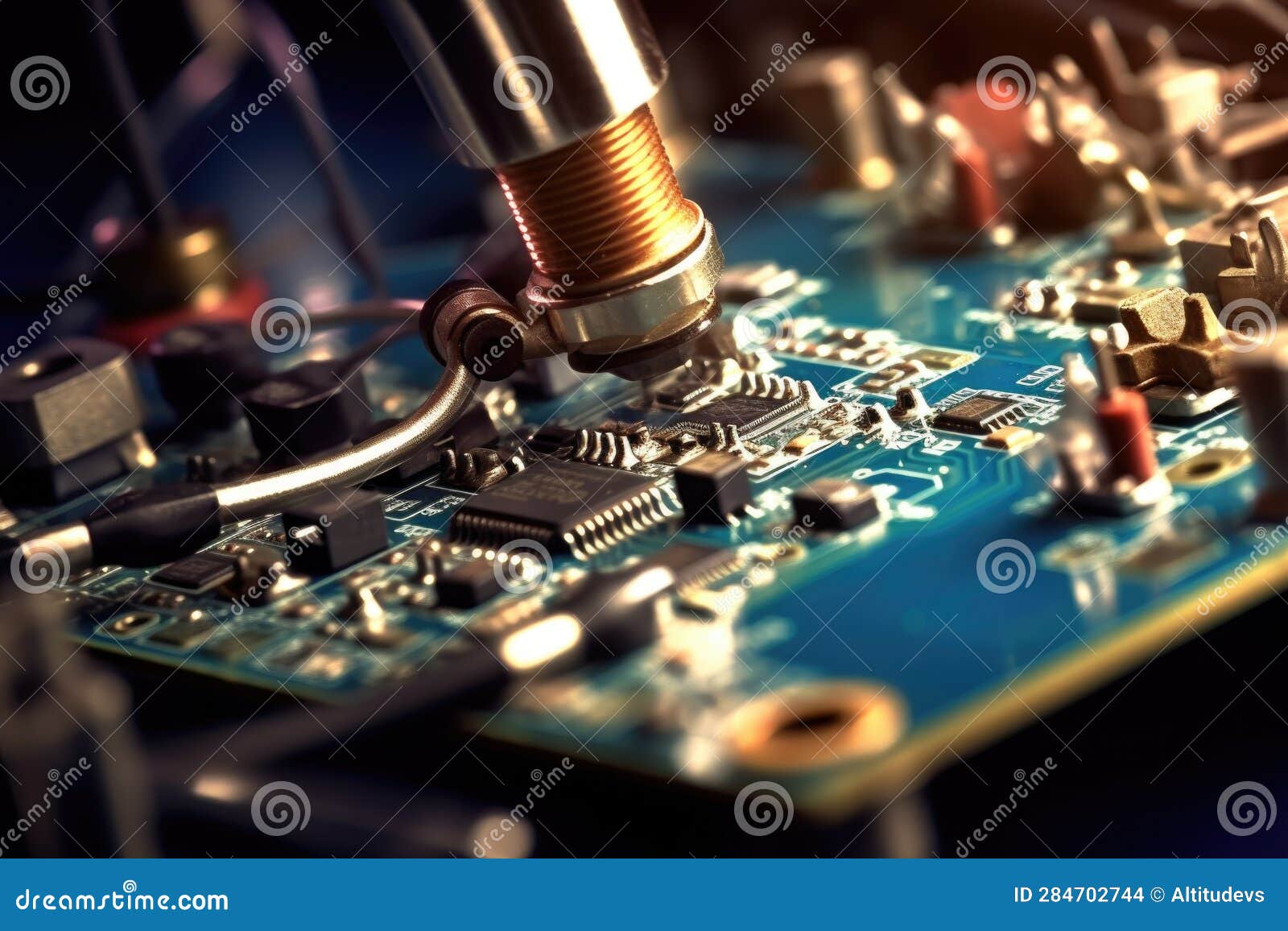 Macro Shot of Soldering Iron Attaching Components To Circuit Board