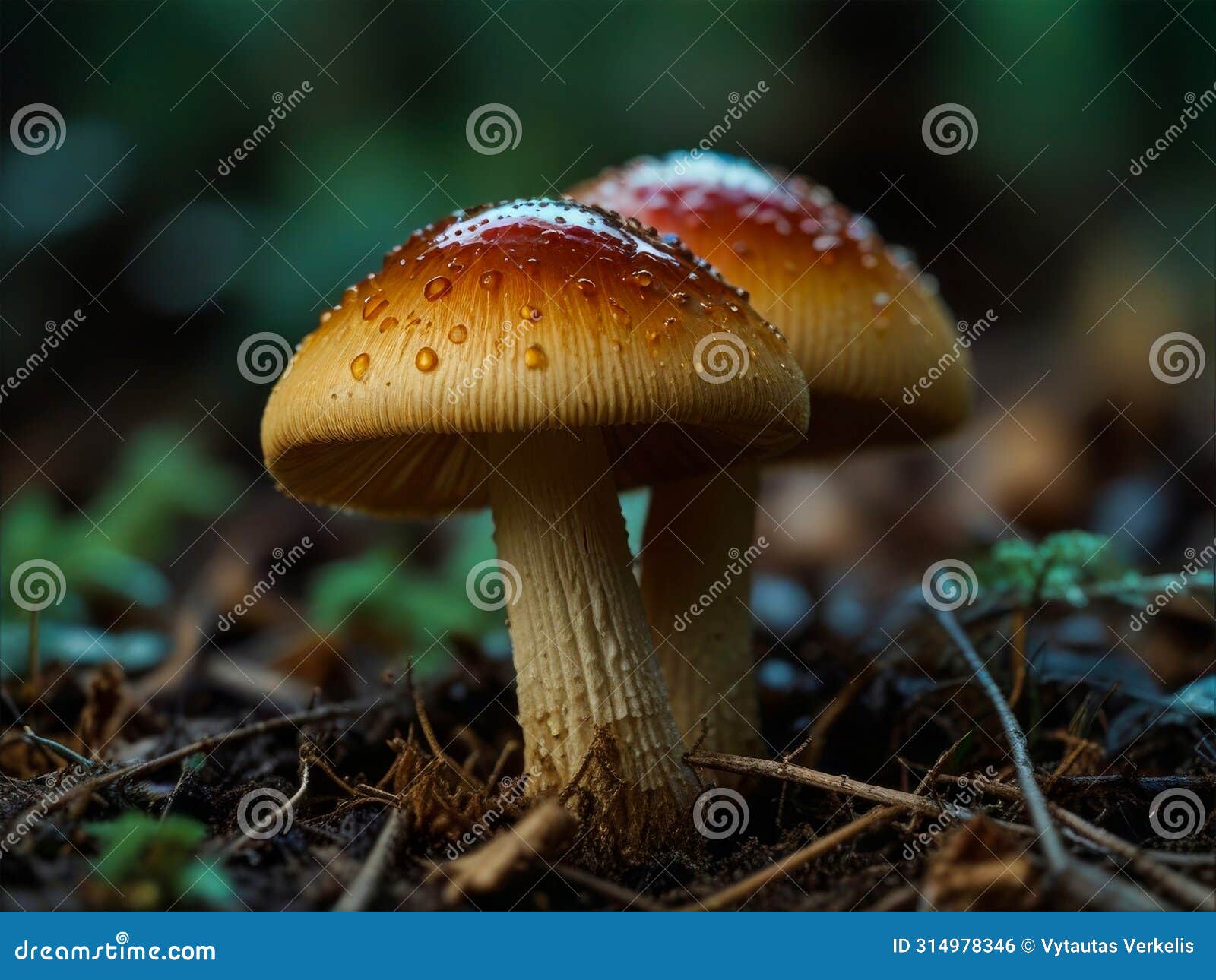 macro shot of two mushrooms in the autumn forest with raindrops