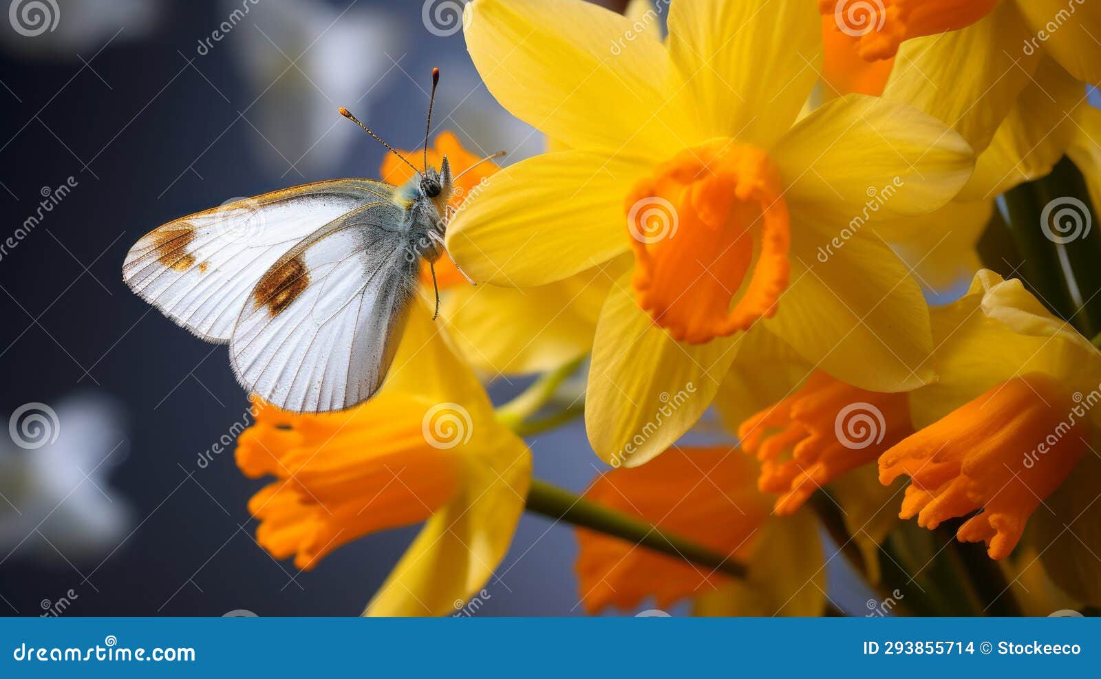 macro shot of white butterfly on daffodils