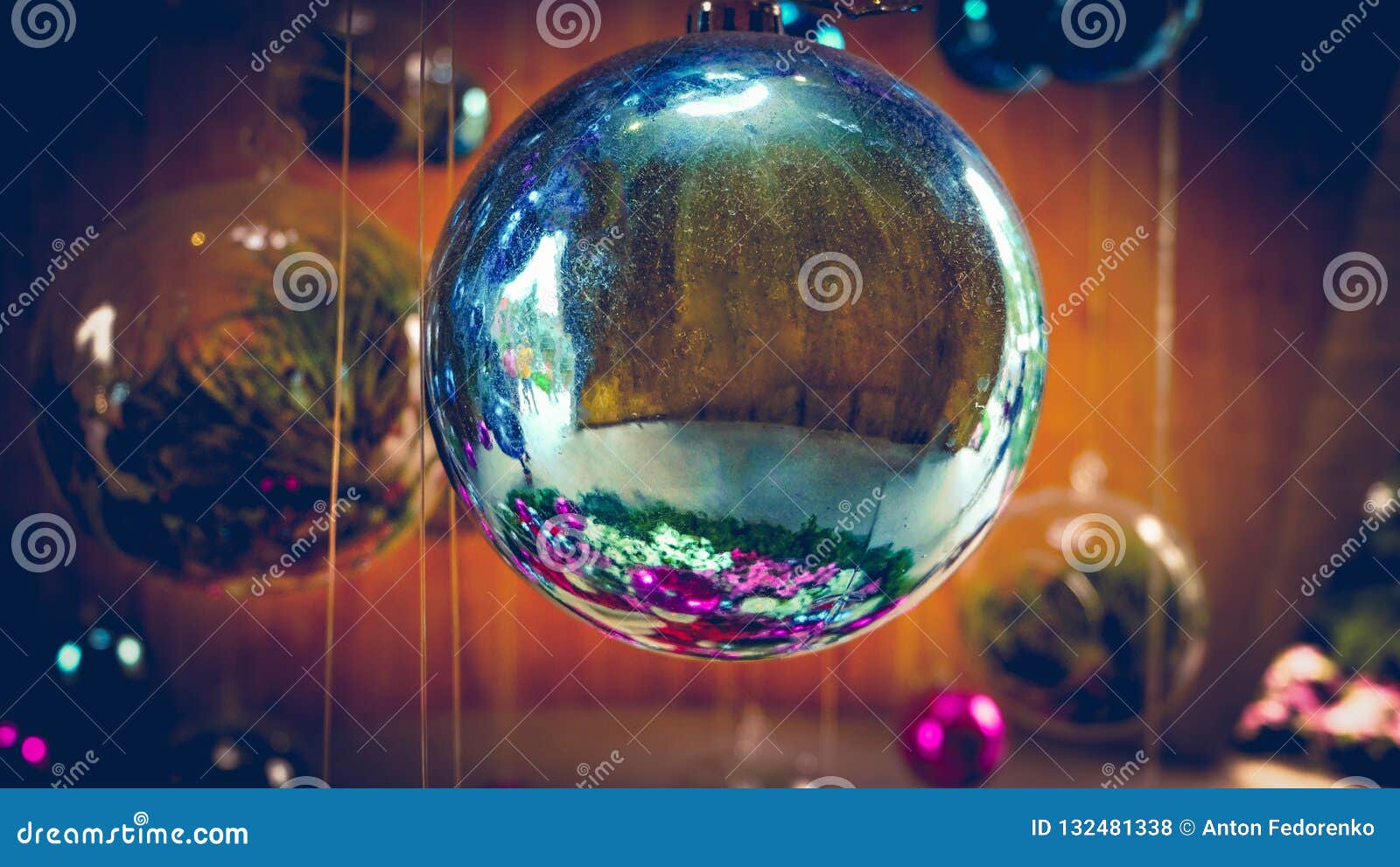 macro view of christmas ball with clear bright reflection