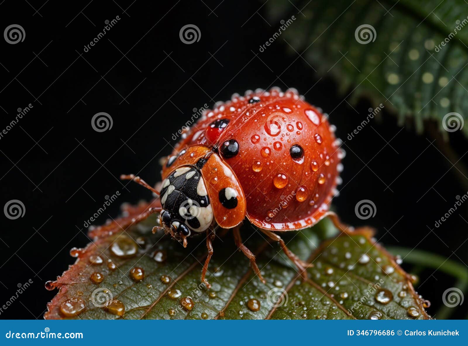 macrography of a lady bug on a fallen red leaf with dew dripping on a cloudy morning, super jernih - generated by ai