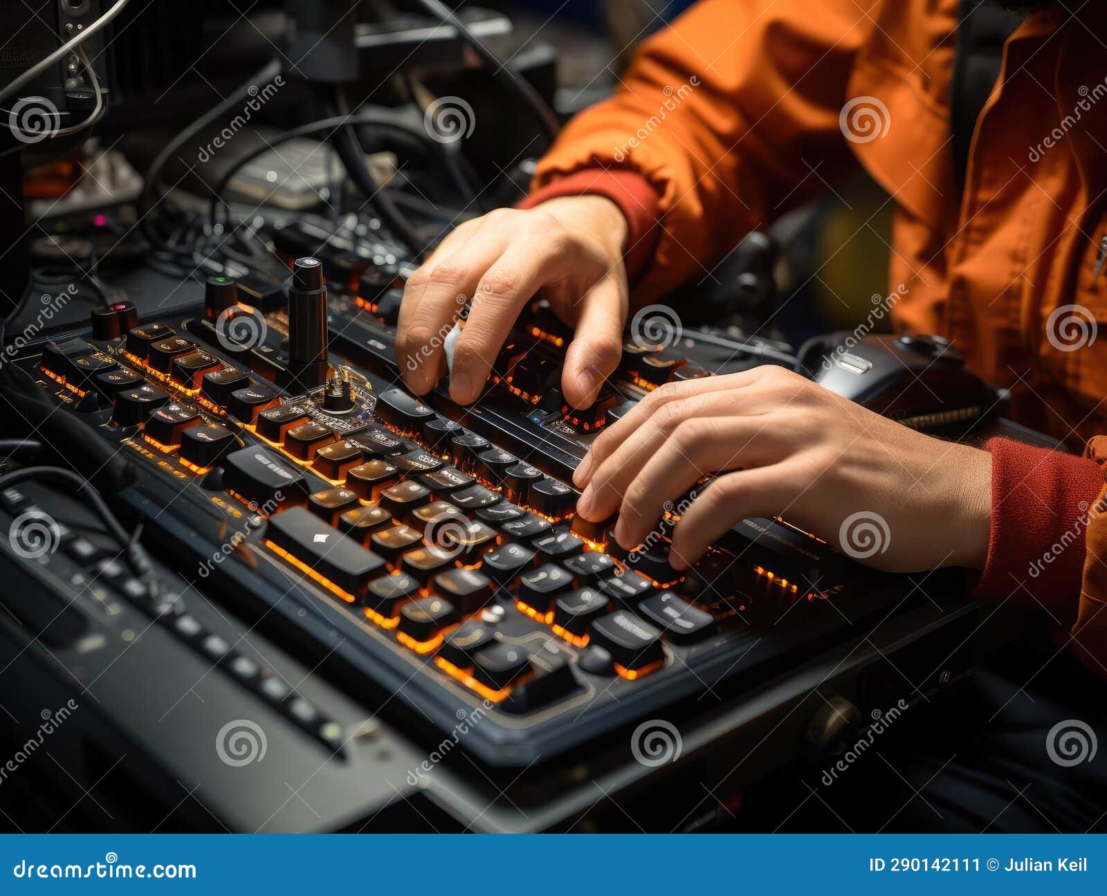 macrolensed hands typing on keyboard intently