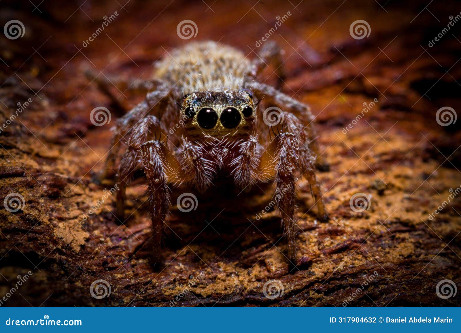 macrophotography of jumping spider on a tree bark.