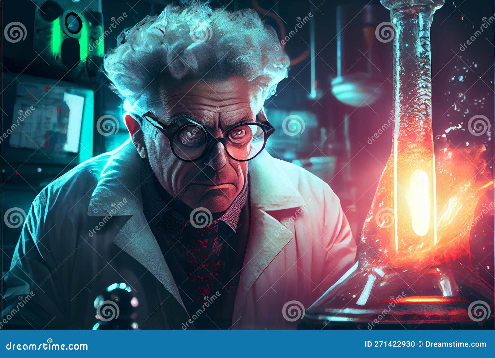 Mad and Crazy Scientist Professor Inventing at Laboratory Stock Mad and Crazy Scientist Professor Inventing at Laboratory Stock