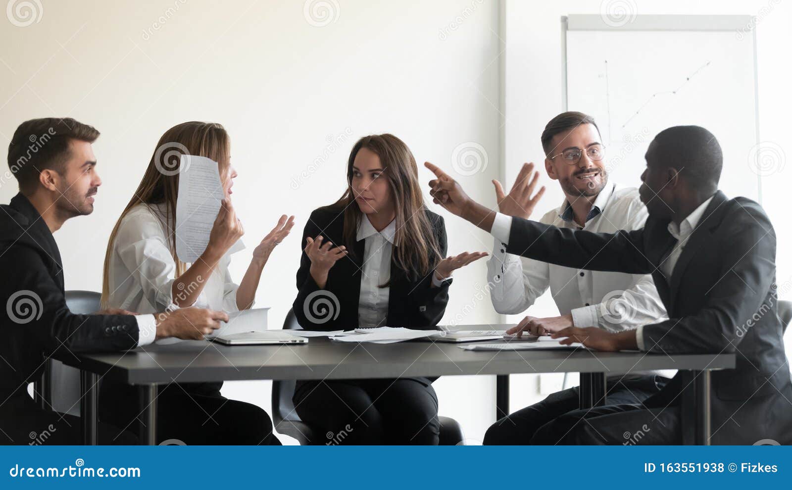 mad diverse employees dispute at office meeting