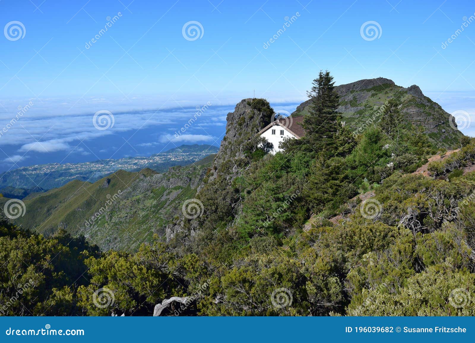 madeiran landscape with high mountains and casa de abrigo. portugal
