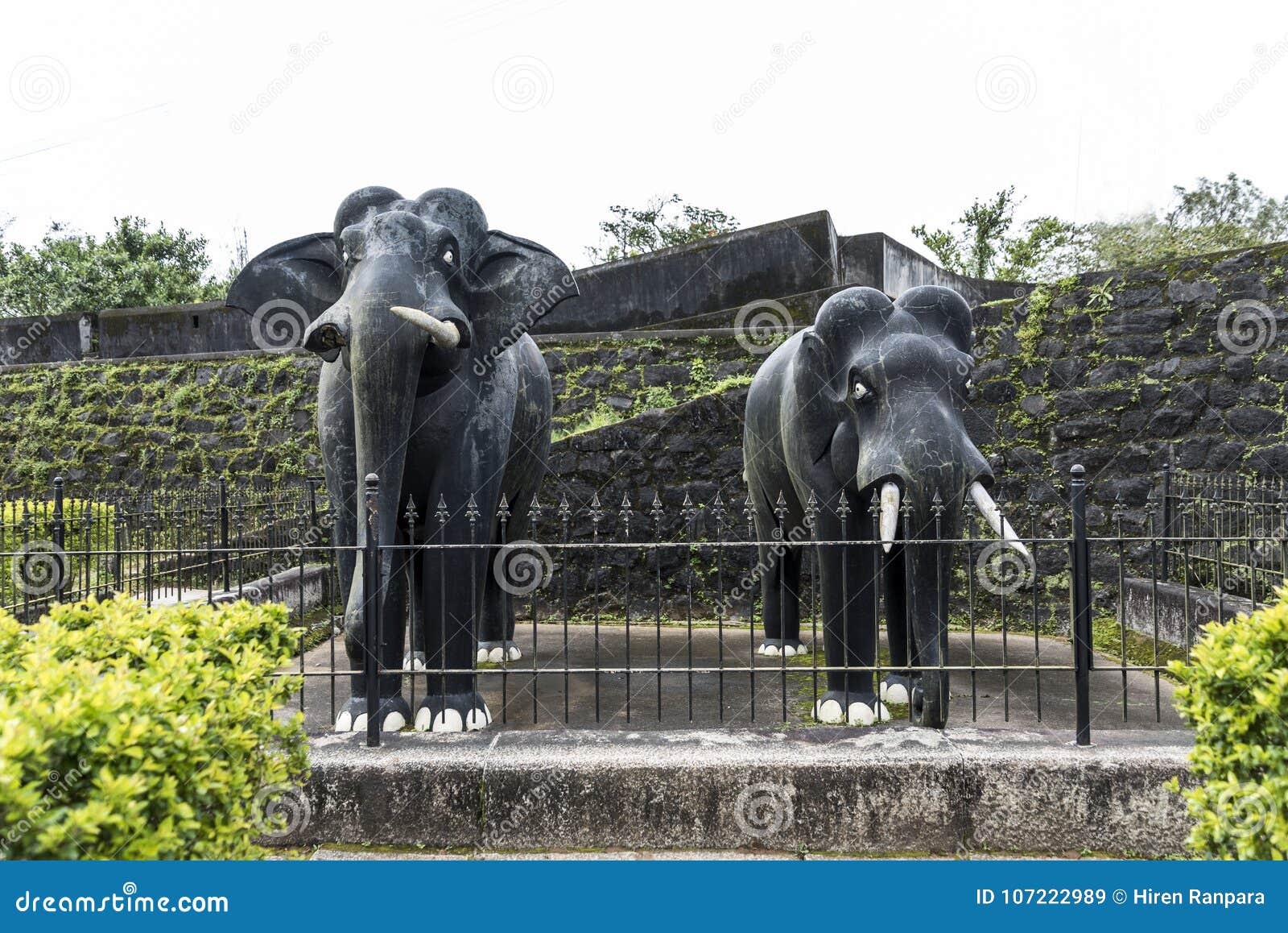 Two Life Size Masonry Black Stone Elephants Sculpture Inside Madikeri