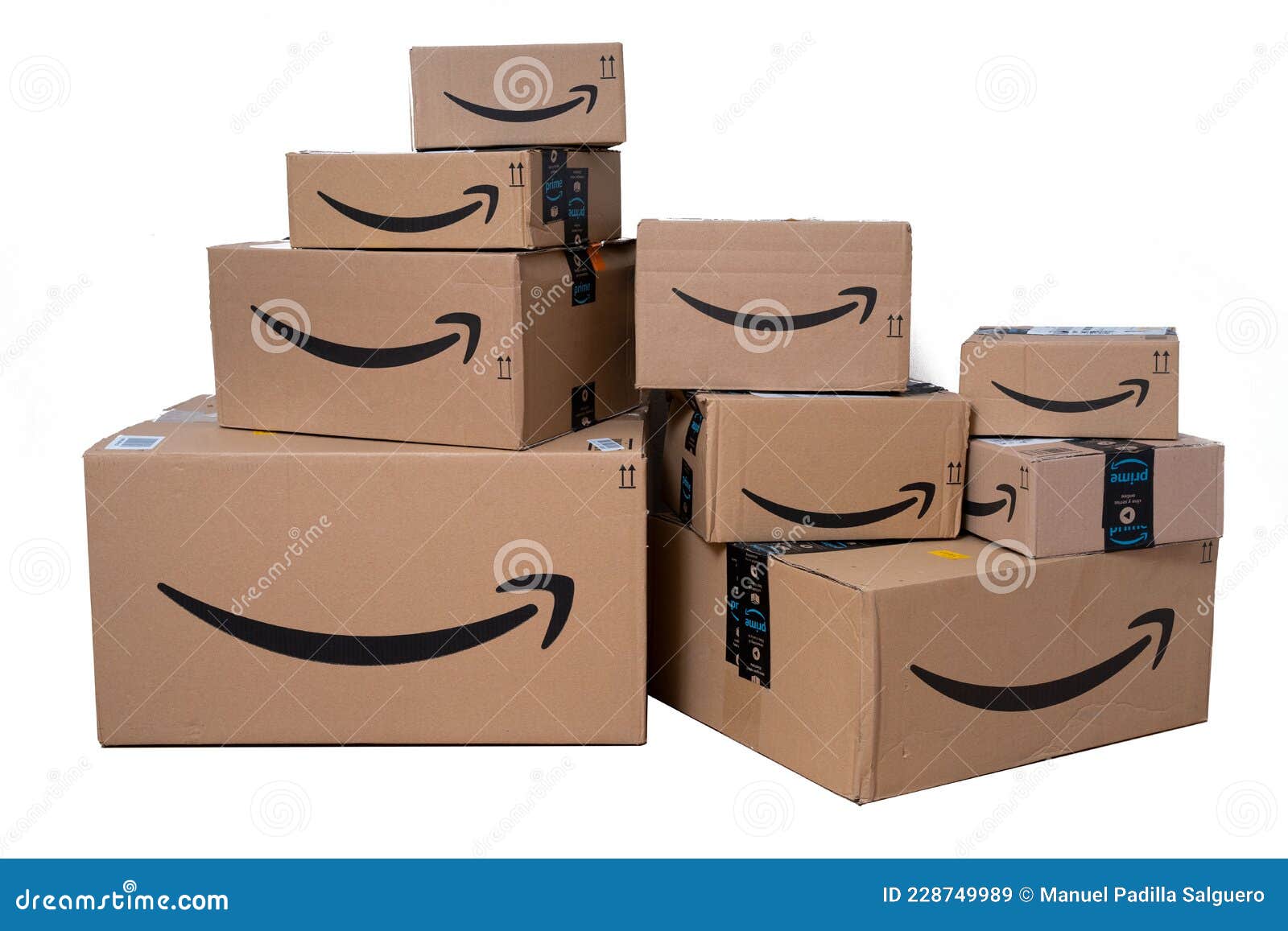 MADRID, SPAIN AUGUST 31, 2021 Stack of Amazon Prime Parcels Over