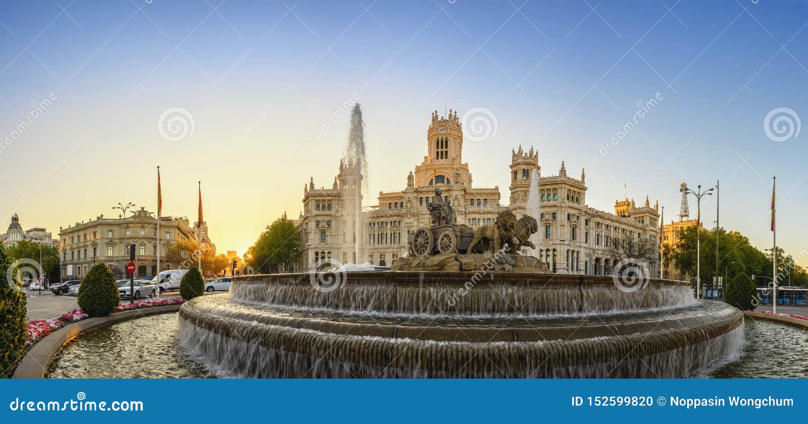 Madrid Spain Sunrise Panorama At Cibeles Fountain Stock