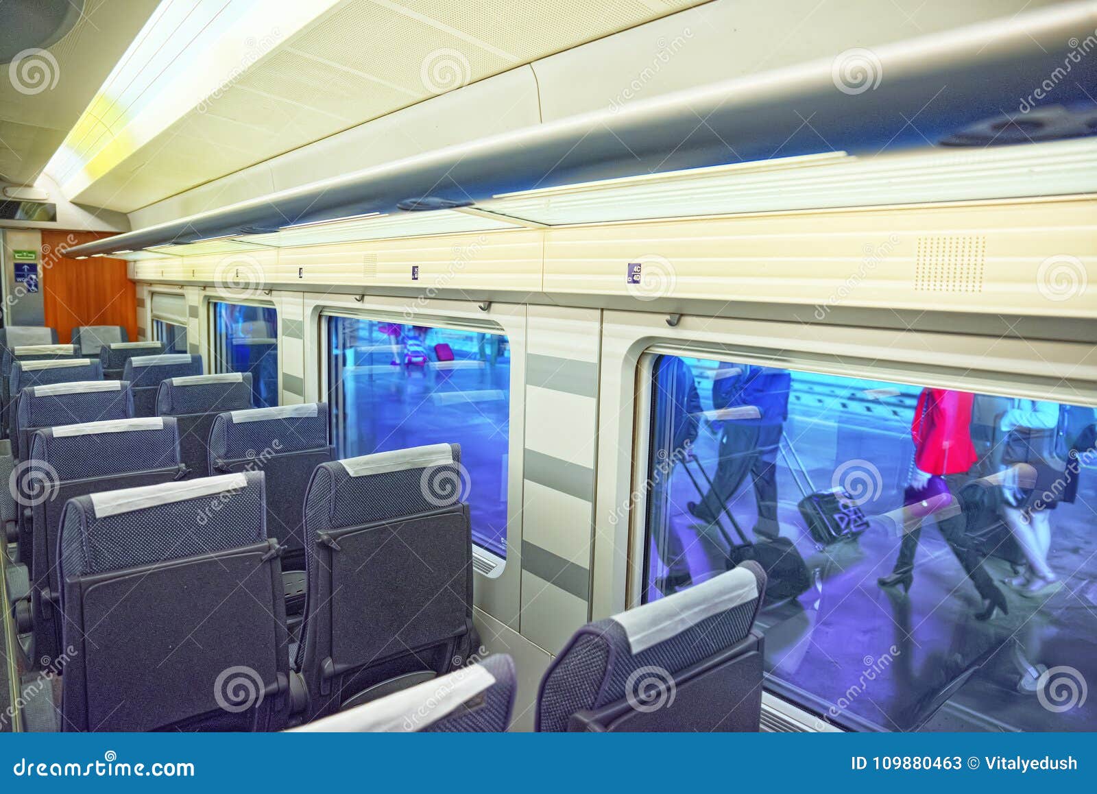 interior of modern hi-speed passenger train of spanish railways
