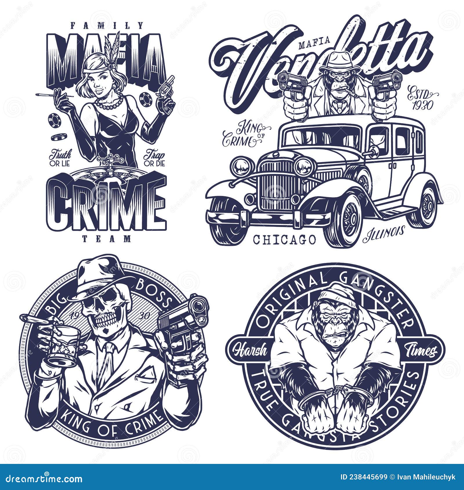 Mafia Black and White Emblems Set Stock Vector - Illustration of