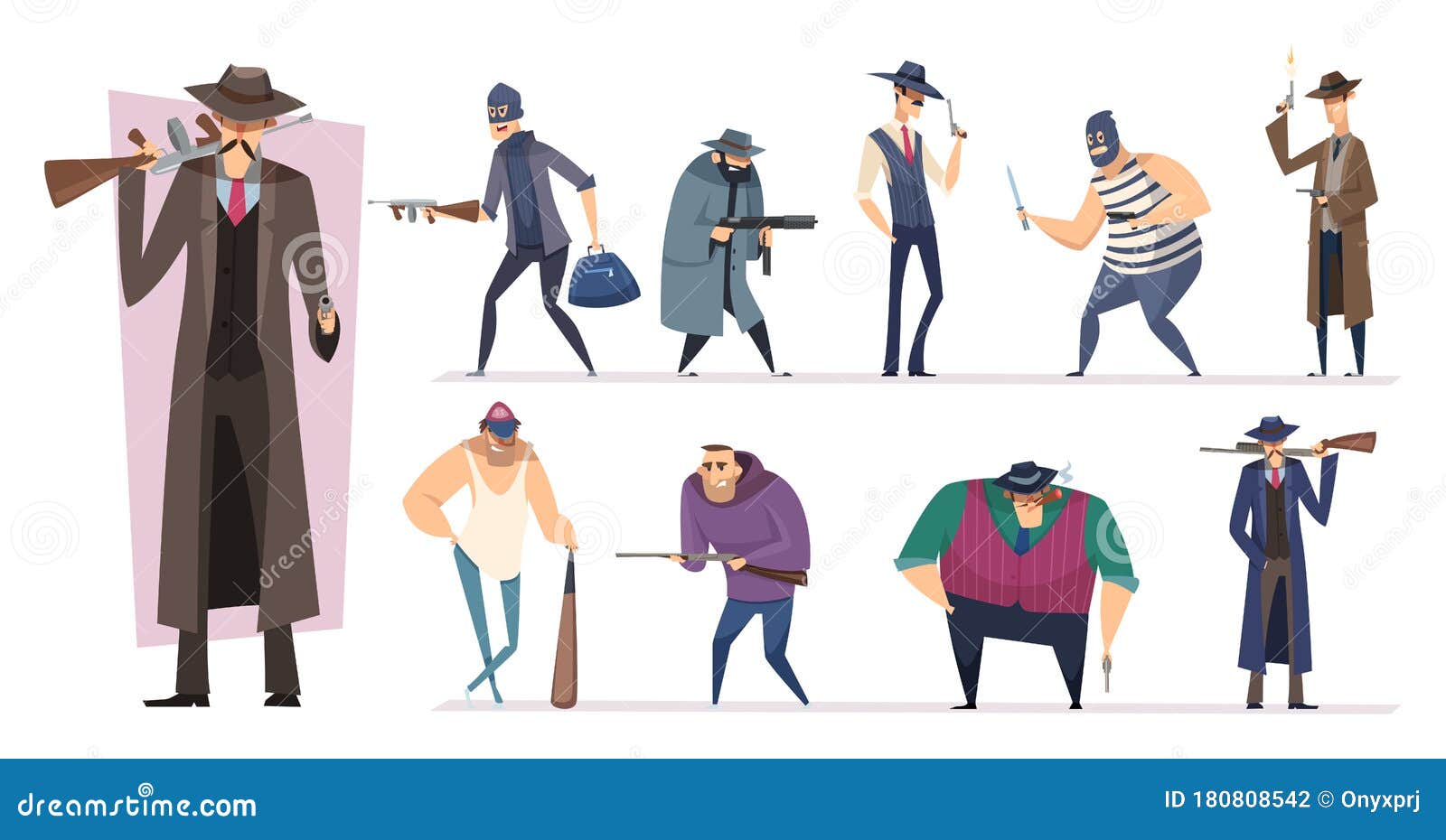 Mafia Characters. Masked Threat Gangster Brutal Bandit with Guns Vector