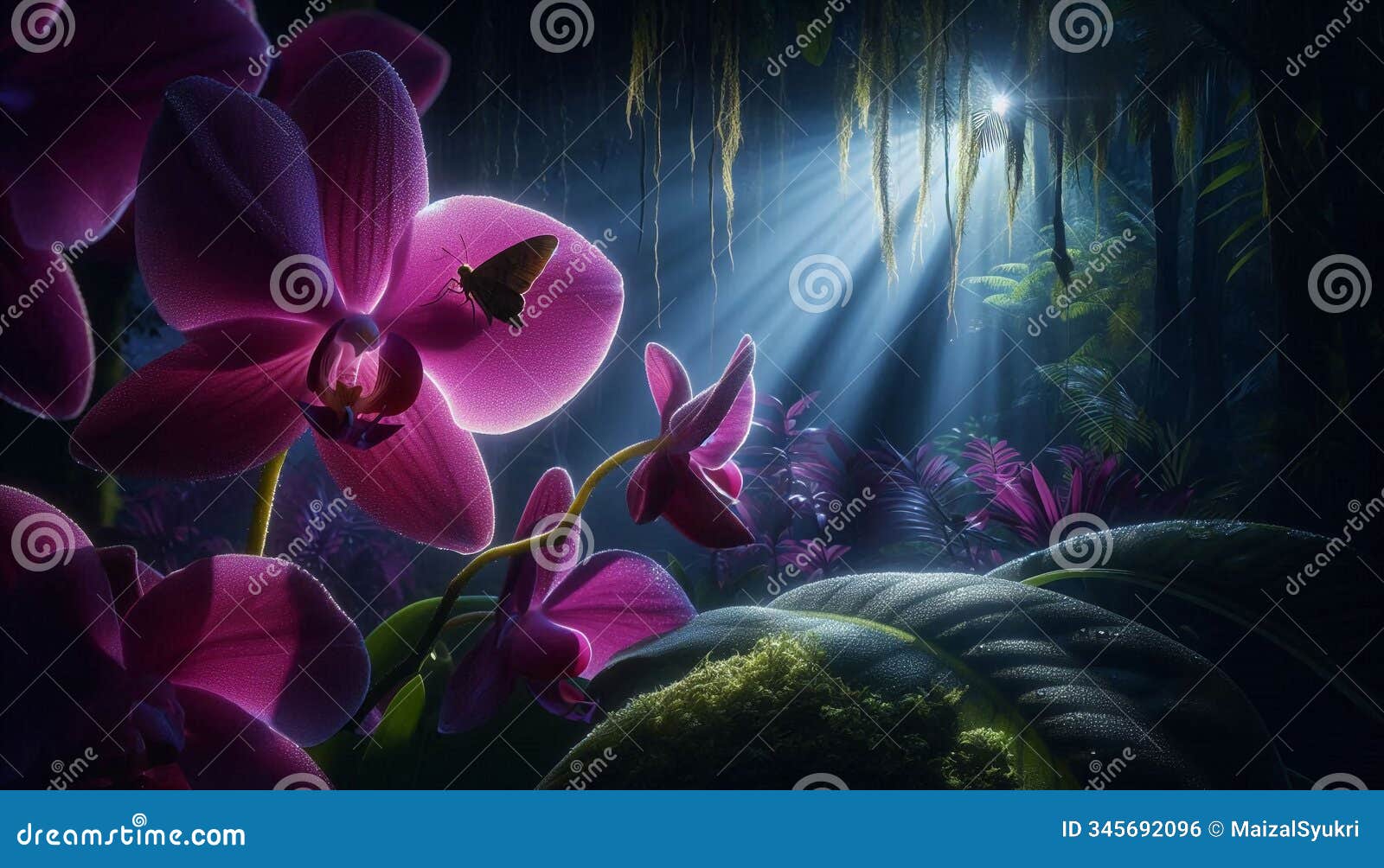 a magenta orchid glowing under moonlight with a moth resting on its petal.