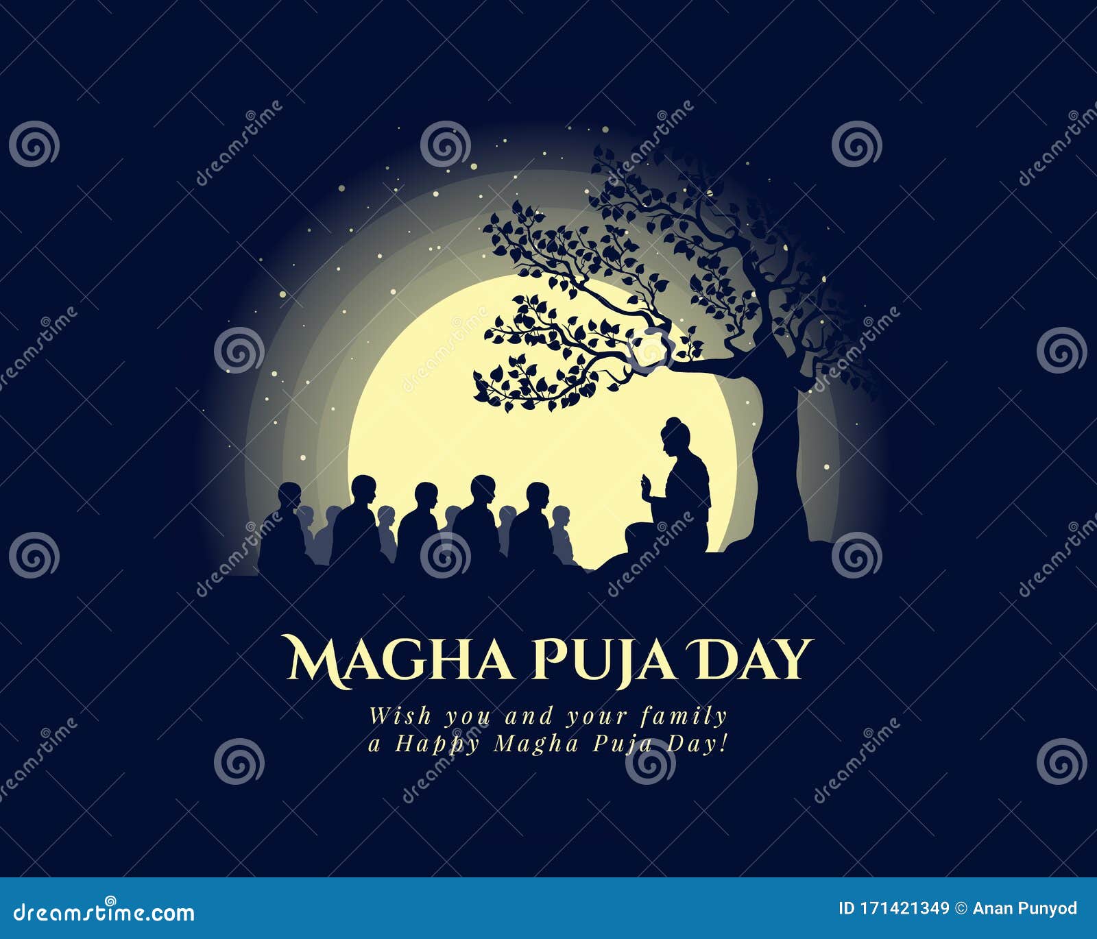 magha puja day banner with the buddha giving a discourse on the full moon day  