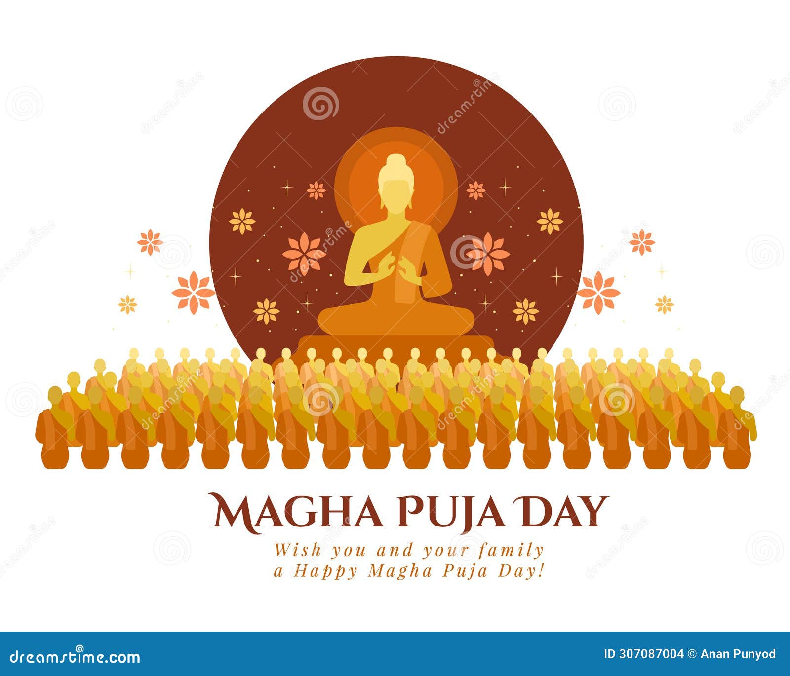 magha puja day - the lord buddha giving and preach 1250 monks in full moon night with lotus flower around  