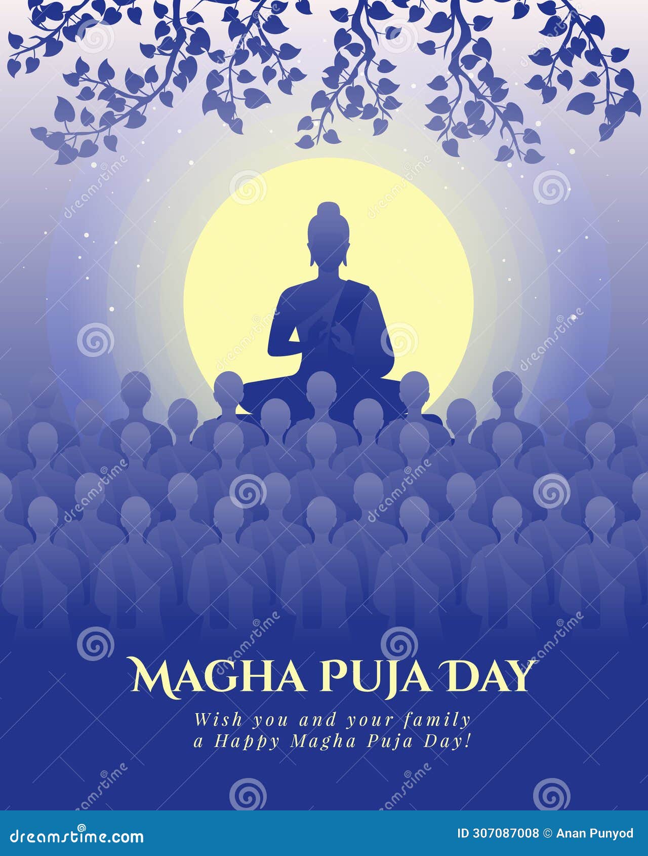 magha puja day - the lord buddha giving and preach 1250 monks in full moon night with purple blue tone  