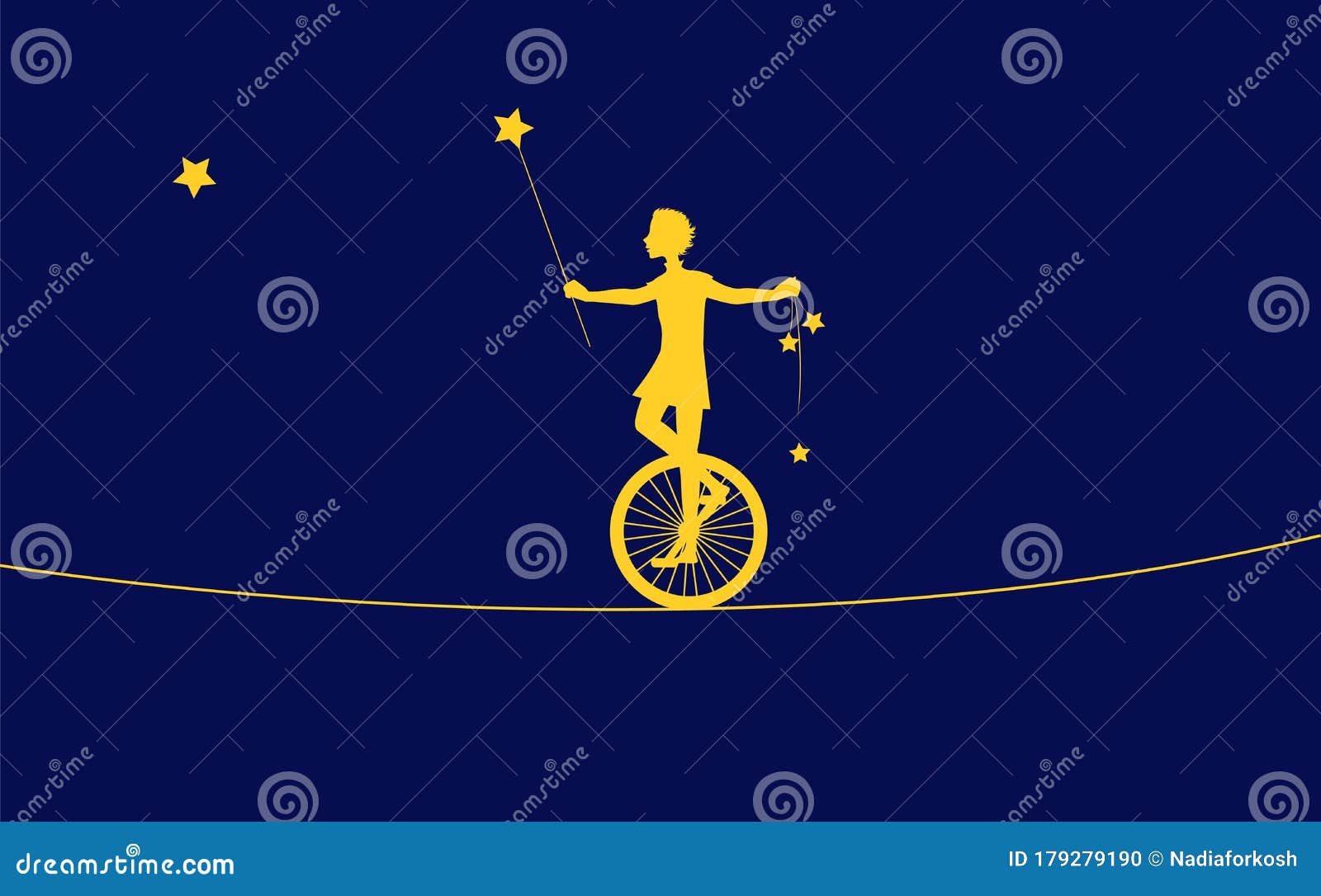 magic acrobat, peter pan silhouette, boy on uniwheel on the rope with stars, circus on the heavens,