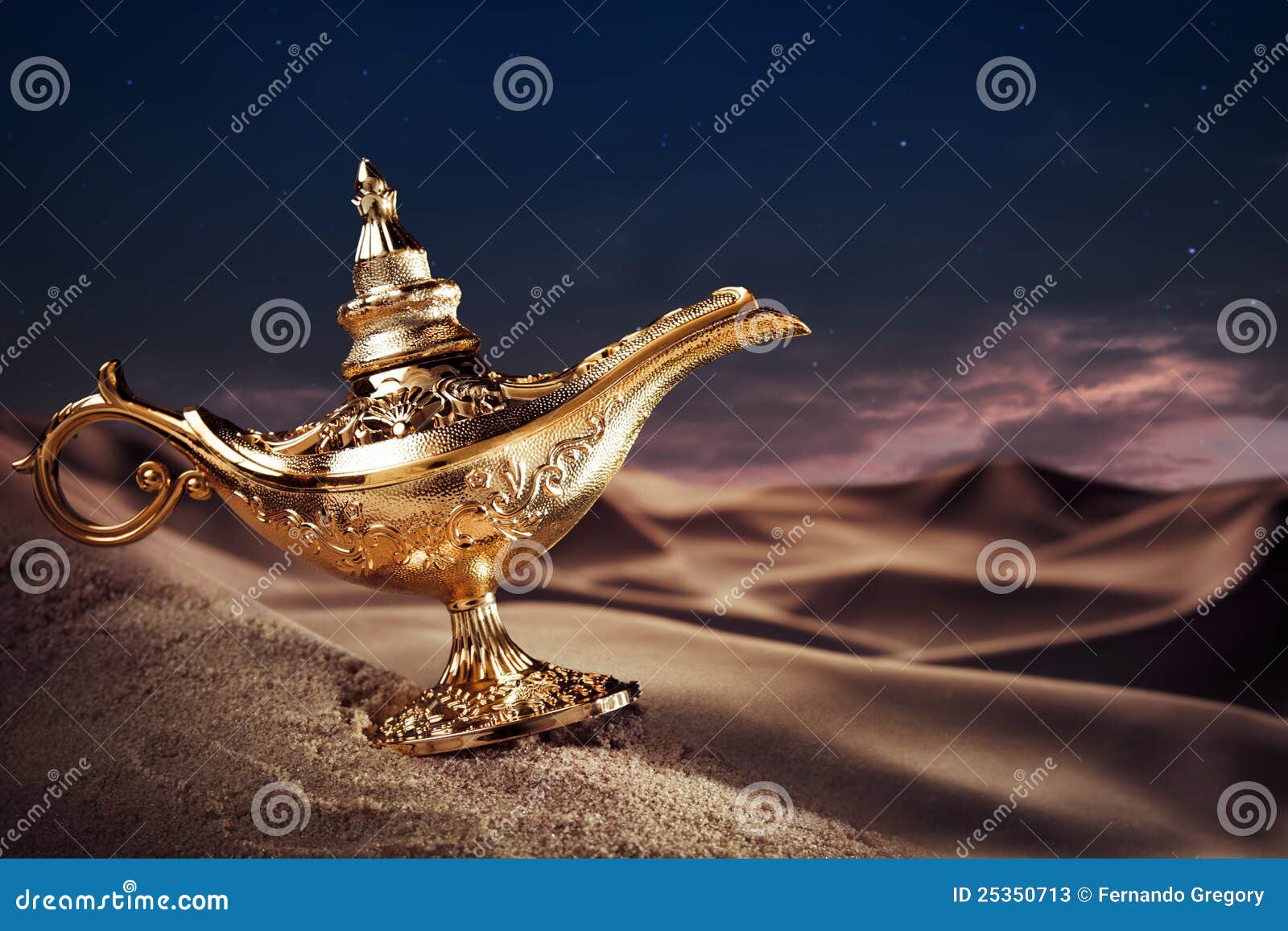 magic aladdin's genie lamp on a desert