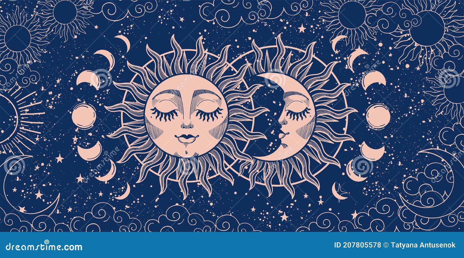 Magic Background for Tarot, Astrology, Magic. the Device of the Universe, Crescent Moon and Sun a Face on a Blue Background Stock Illustration - Illustration of flat, magic: 207805578