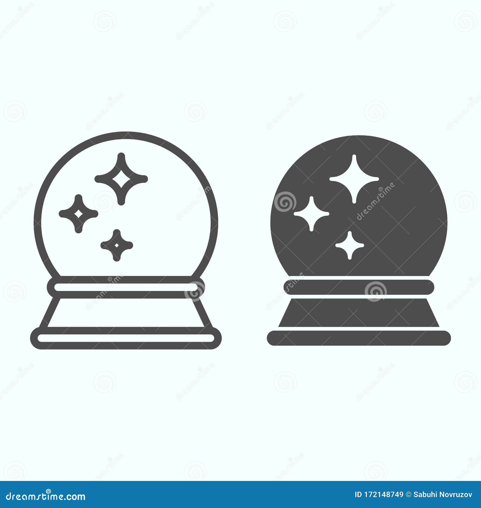 magic ball line and solid icon. fortune teller round crystal with shiny stars. halloween   concept, outline