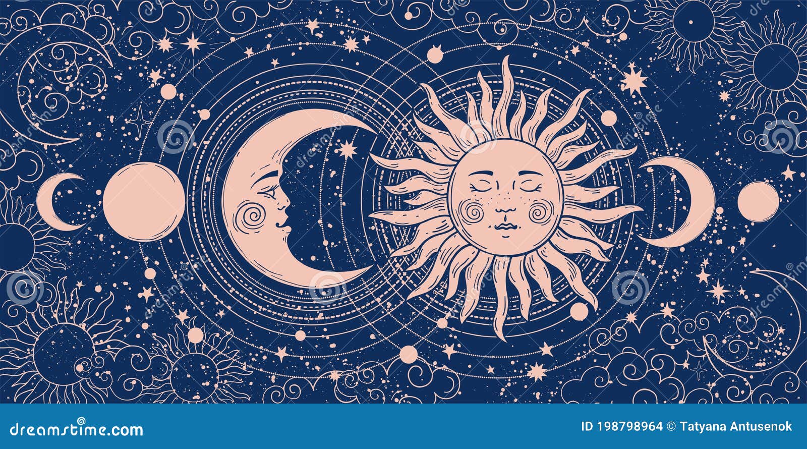 magic banner for astrology, tarot, boho . universe art, crescent moon and sun on a blue background. esoteric