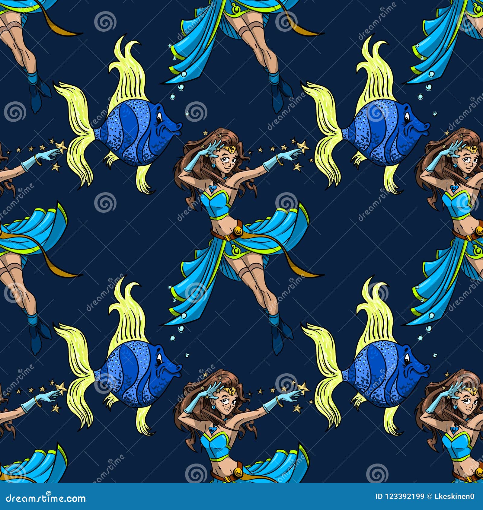 Magic Fish and Magician Girl Seamless Pattern Stock Vector