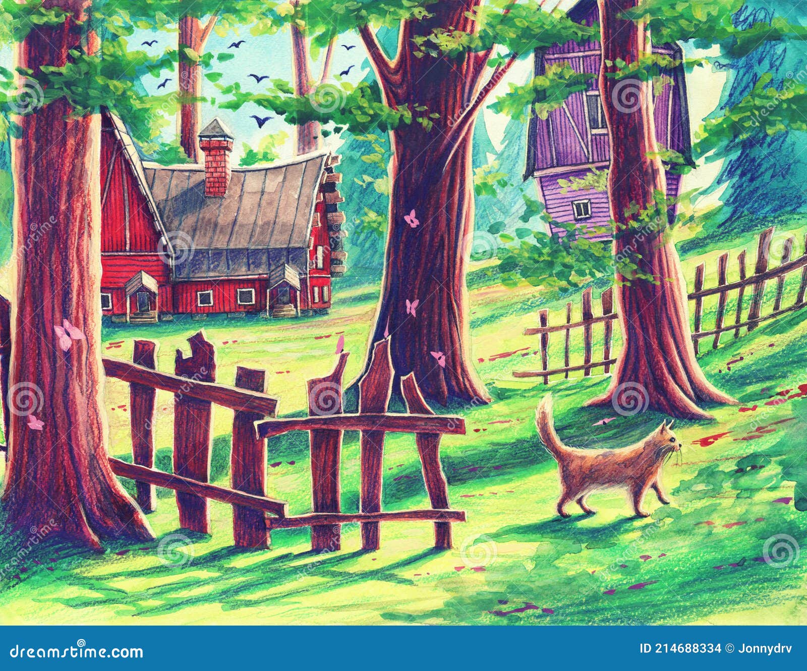Magic Forest Landscape with Fantasy Houses, Green Trees, Animals, Cat by  Watercolor and Colorful Pencils. Hand Drawn Nature Art Stock Illustration -  Illustration of outdoors, light: 214688334