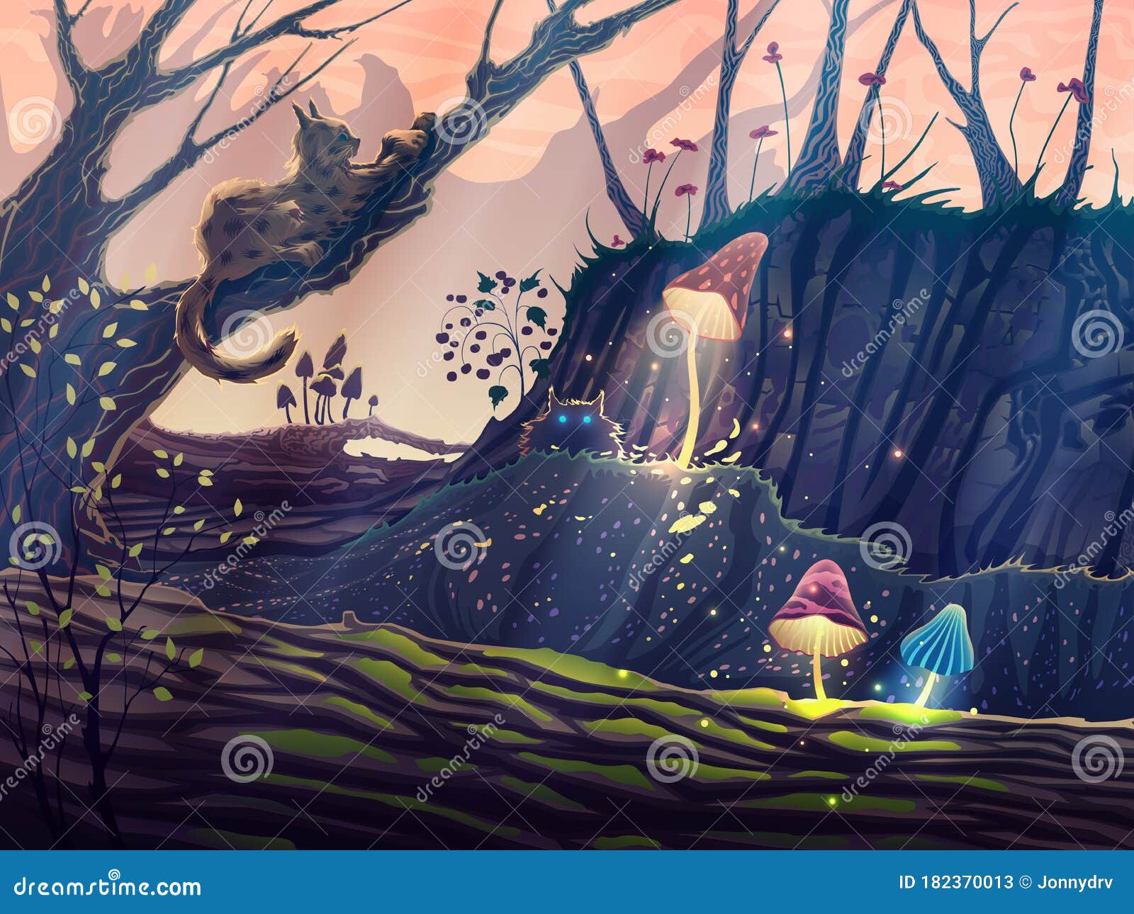 Magic Forest Summer Landscape with Fantasy Trees, Wild Animals, Cats ...