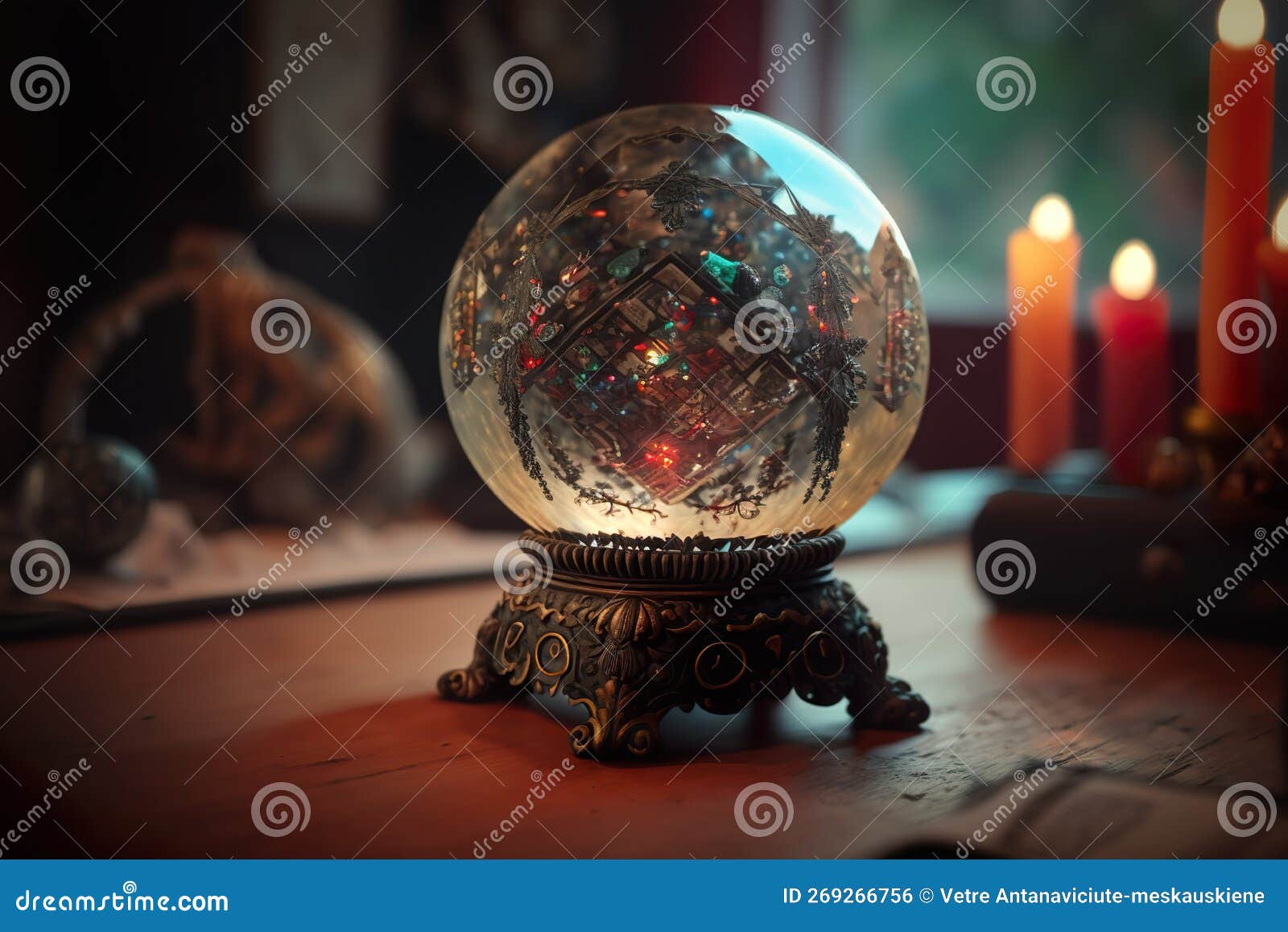 Magic Fortune Telling Clear Crystal Ball with Magic Tools on Table