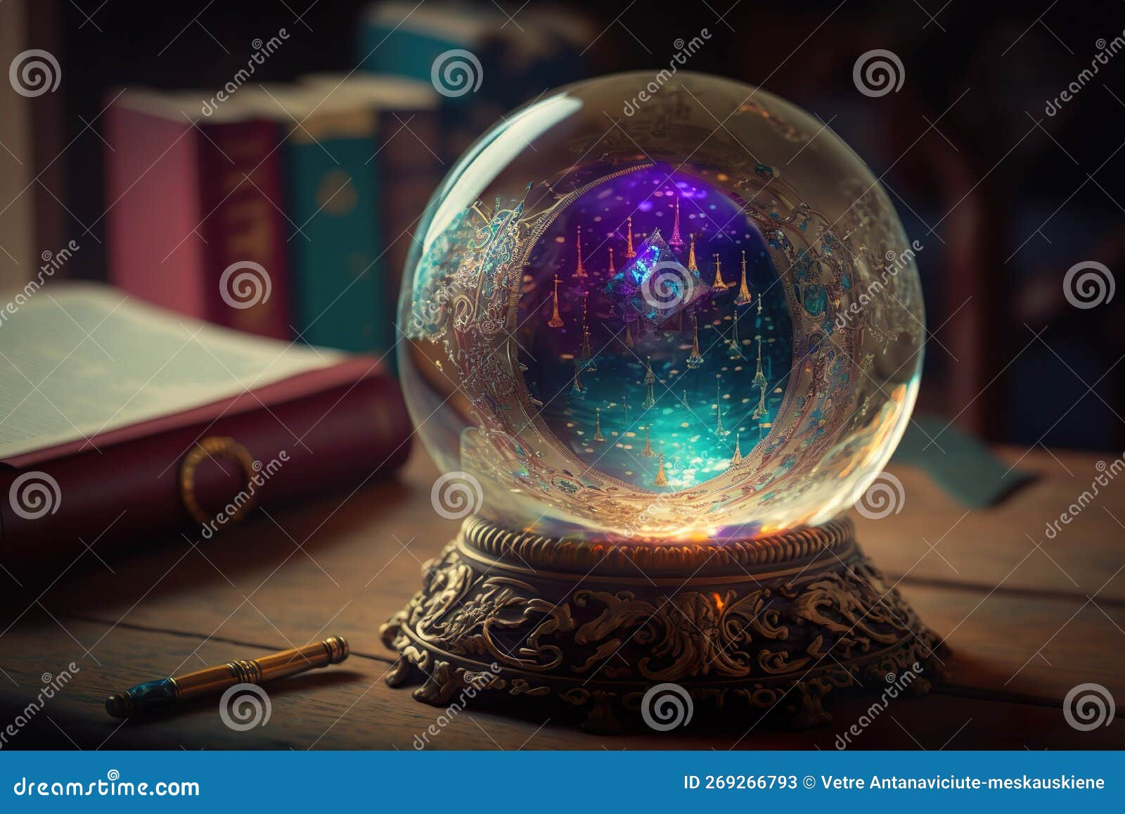 Magic Fortune Telling Clear Crystal Ball with Magic Tools on Table