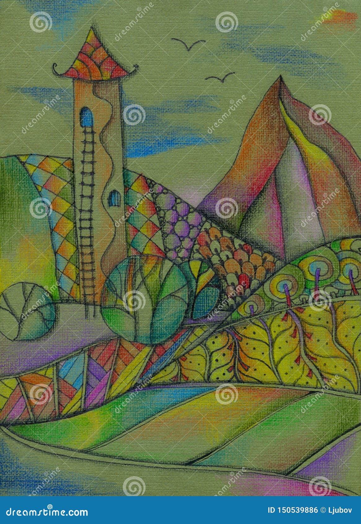 Magic Landscape With Tower And Trees In The Colorful Mountains