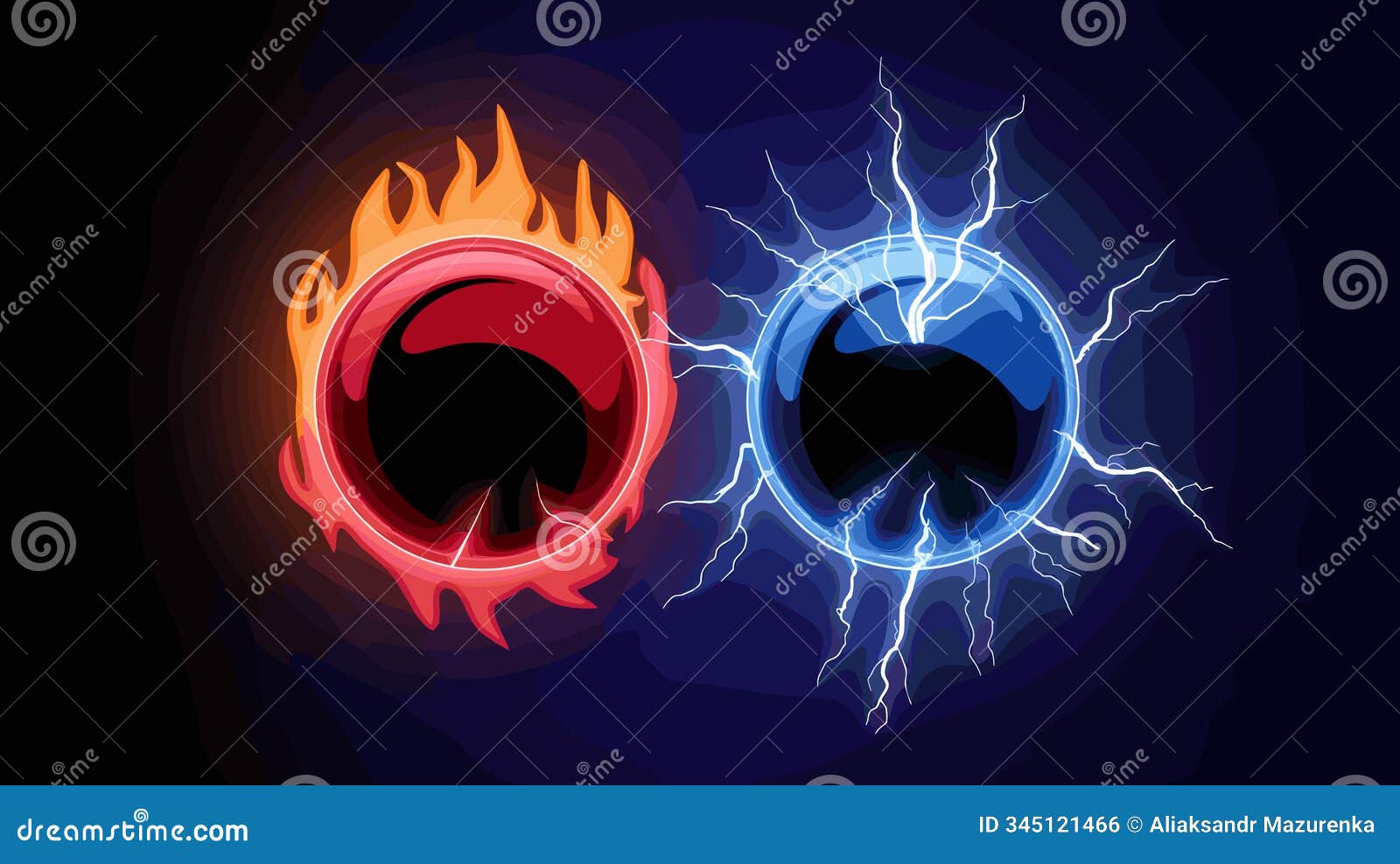 magic light orb - game energy sphere with fire and lightnings. realistic   set of glowing red and blue elec...
