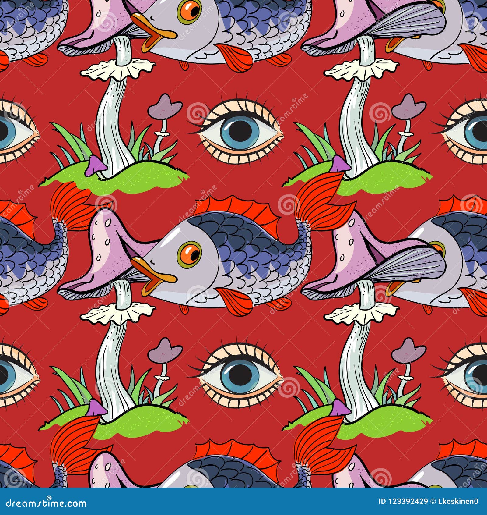 Download Magic Mushroom, Fish, Eye Seamless Pattern Stock Vector - Illustration of cartoon, design: 123392429