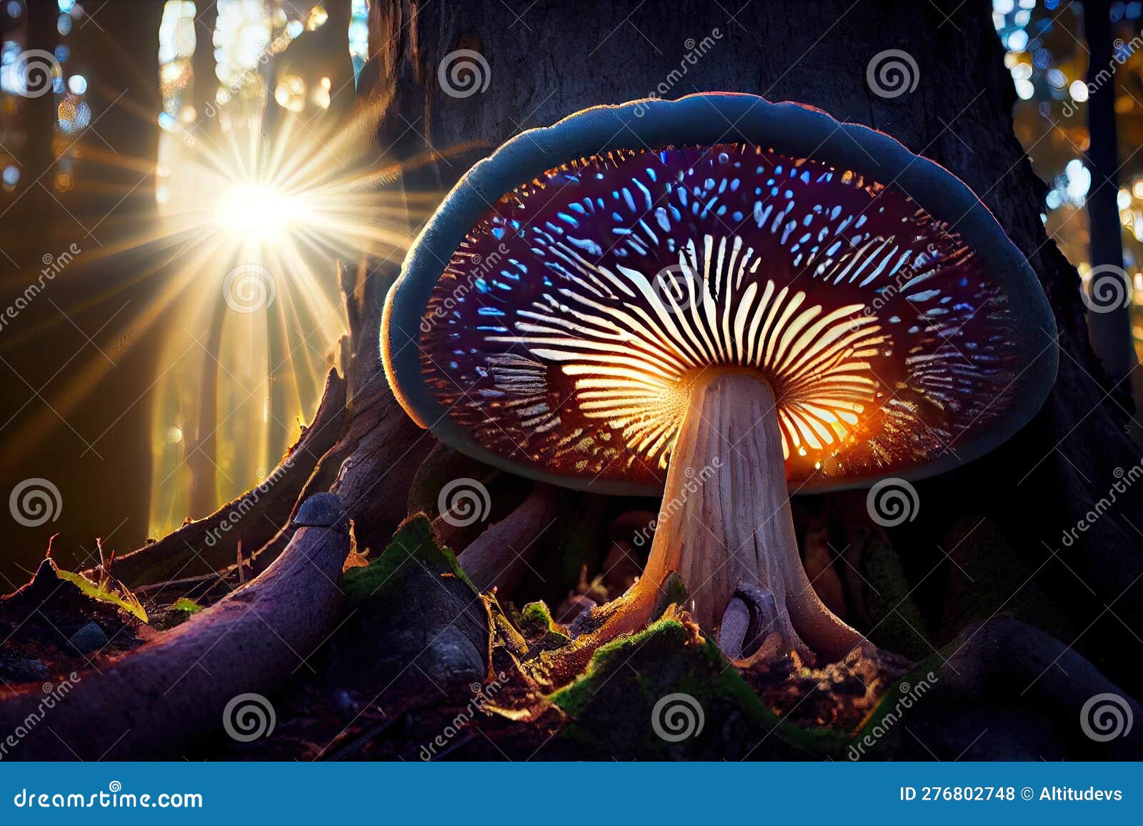 Magic Mushroom Growing on Tree Trunk, with Sun Shining through the