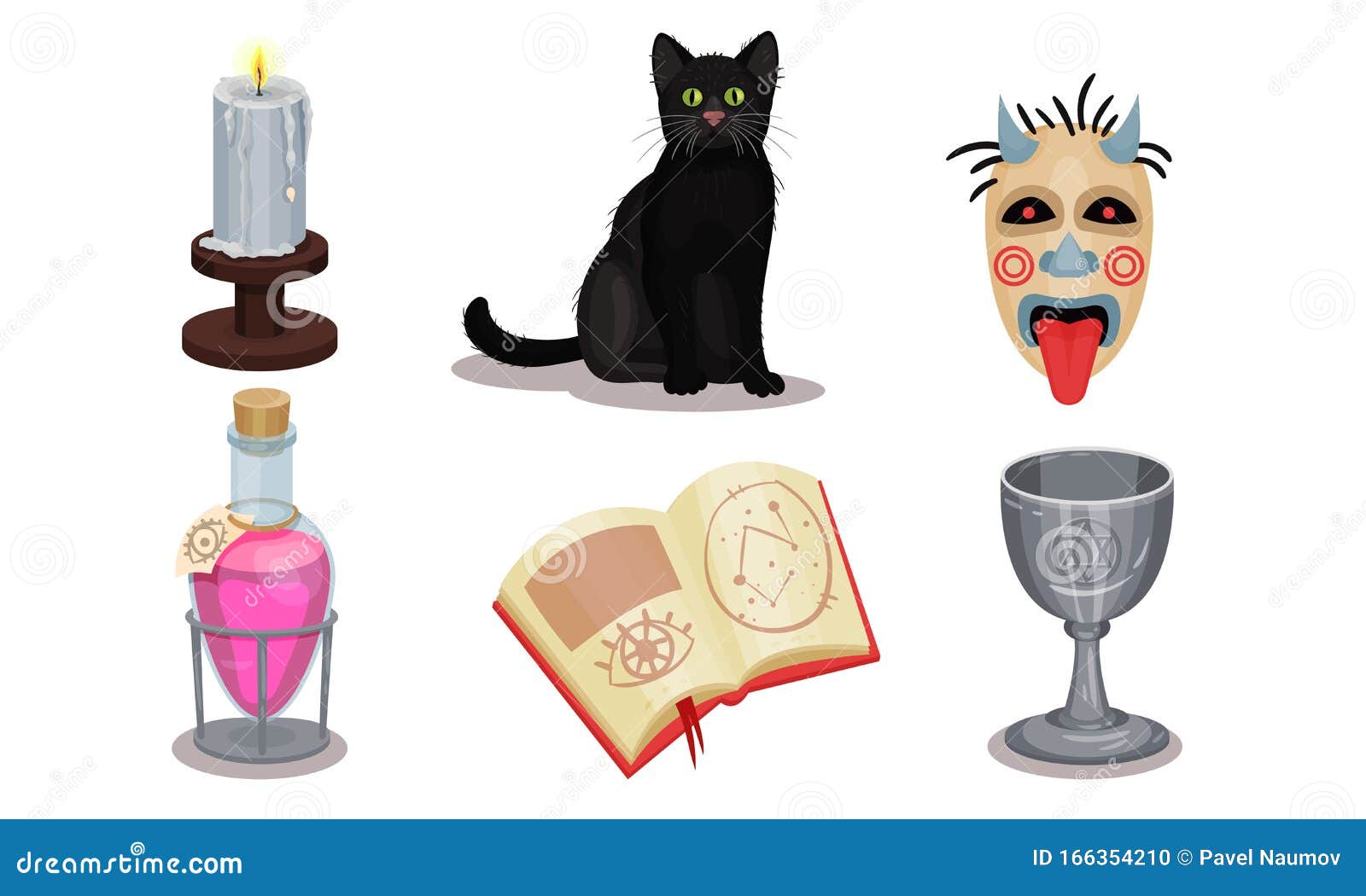 magic objects collection, wizardry and witchcraft s, book, flask of potion, black cat, candle, mask 