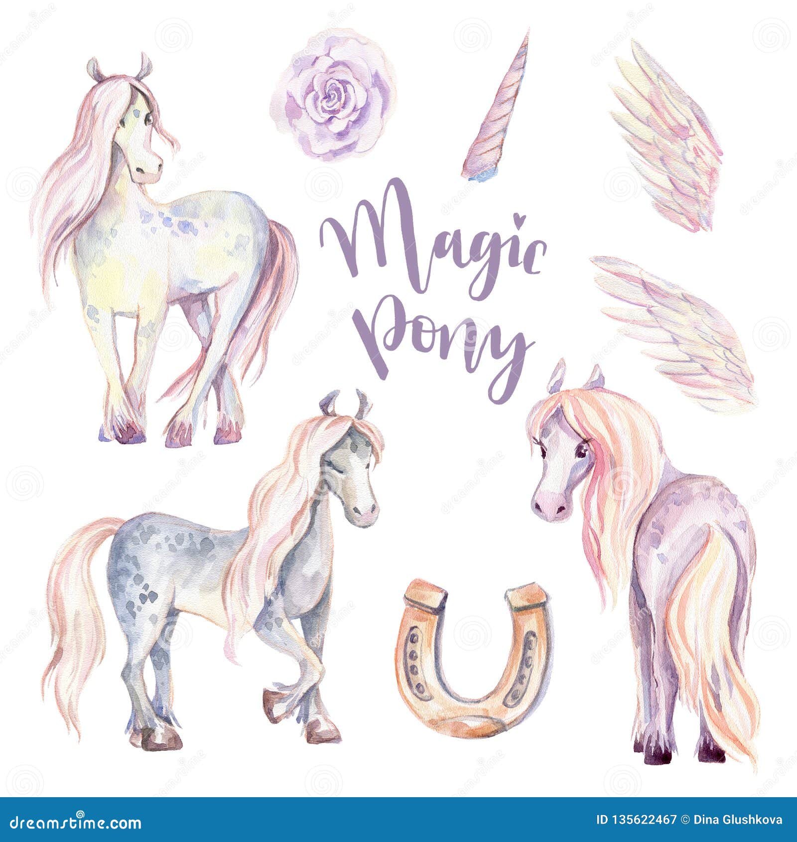 Magic Pony Pegasus Unicorn Set Watercolor Illustration Beaut Stock Illustration Illustration Of Foal Animal 135622467